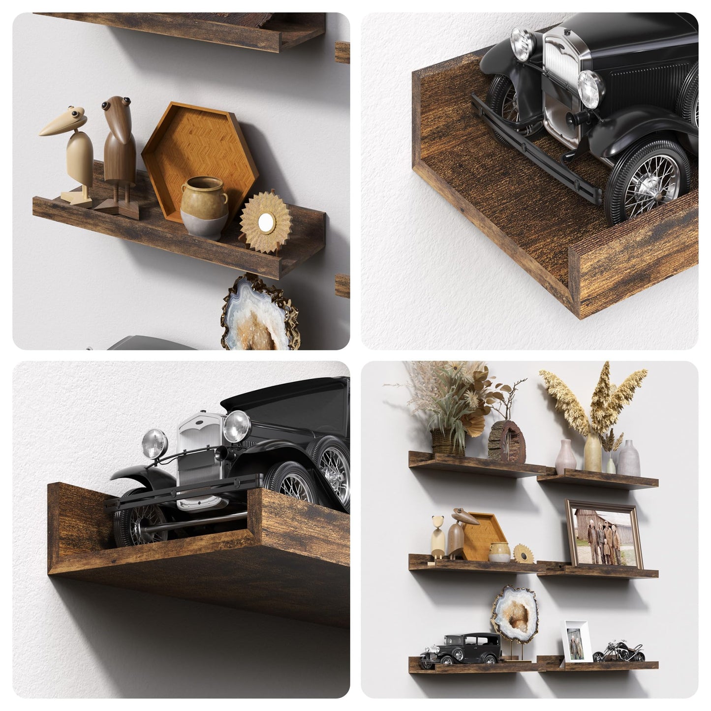 upsimples 6 Pack Wooden Floating Shelves, Wall Storage Decor Shelf for Bathroom, Bedroom, Living Room, Kitchen, Office and Laundry Room, Wall Mounted Display Hanging Shelf, Brown