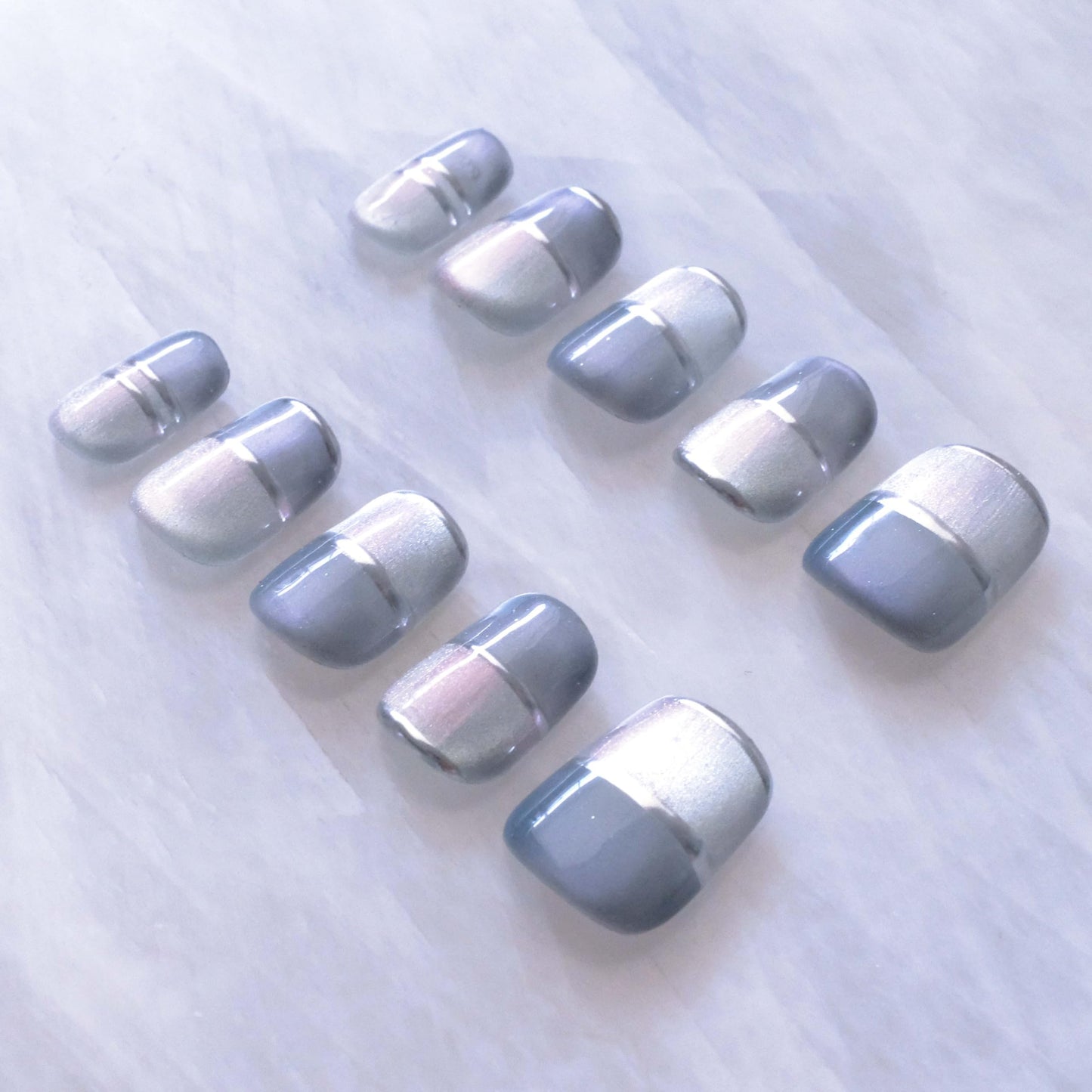 Aurora Blue Cat Eye Press on Nails, Short Square, Chrome Patchwork Design, Handmade Fake Nails for Women, 10 Pieces (XS Size, SS)