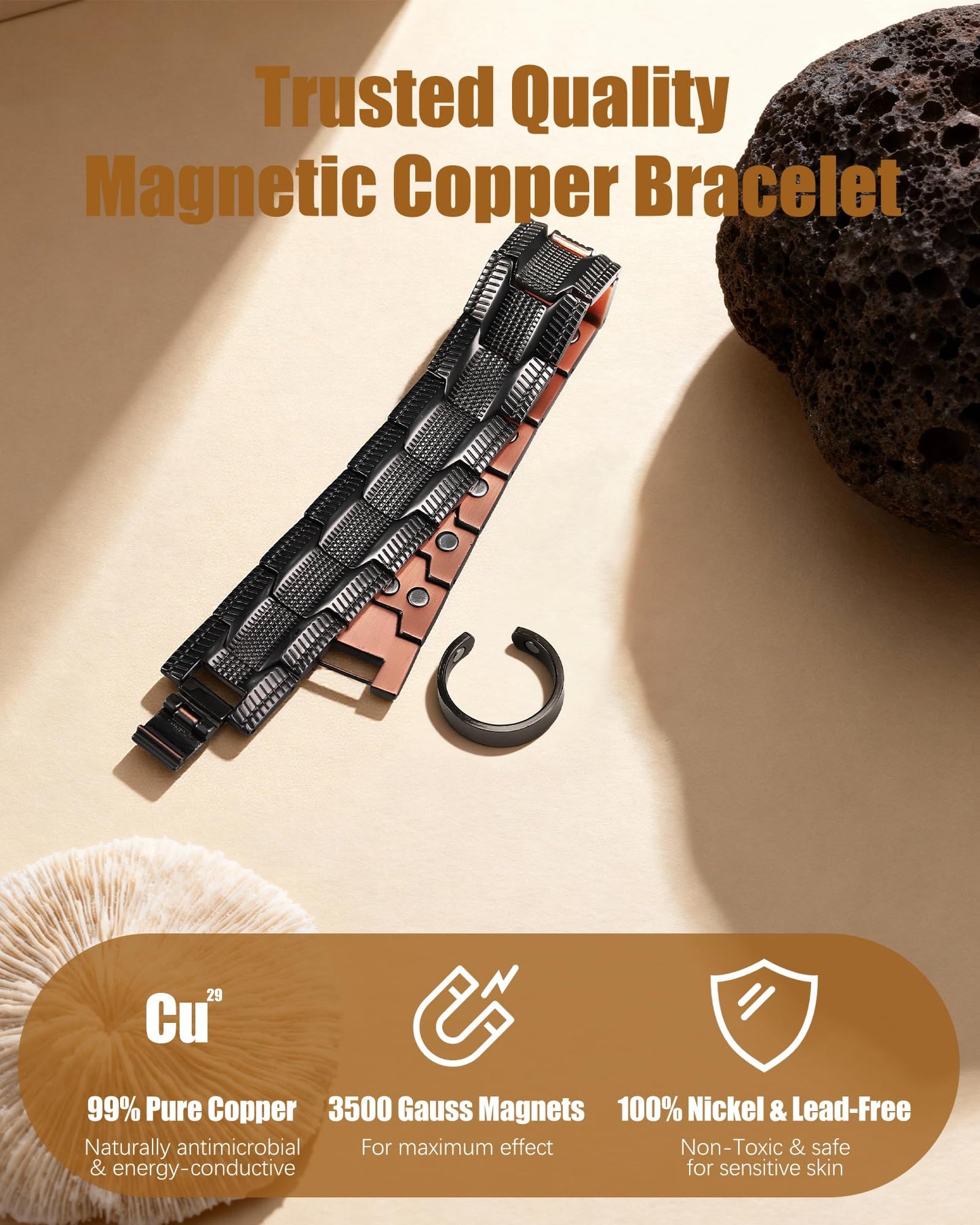 Jeracol Copper Bracelet for Men, 3X Strength Magnetic Copper Bracelets with 3500 Gauss Magnets, Adjustable Length Sizing Tool & Jewelry Box