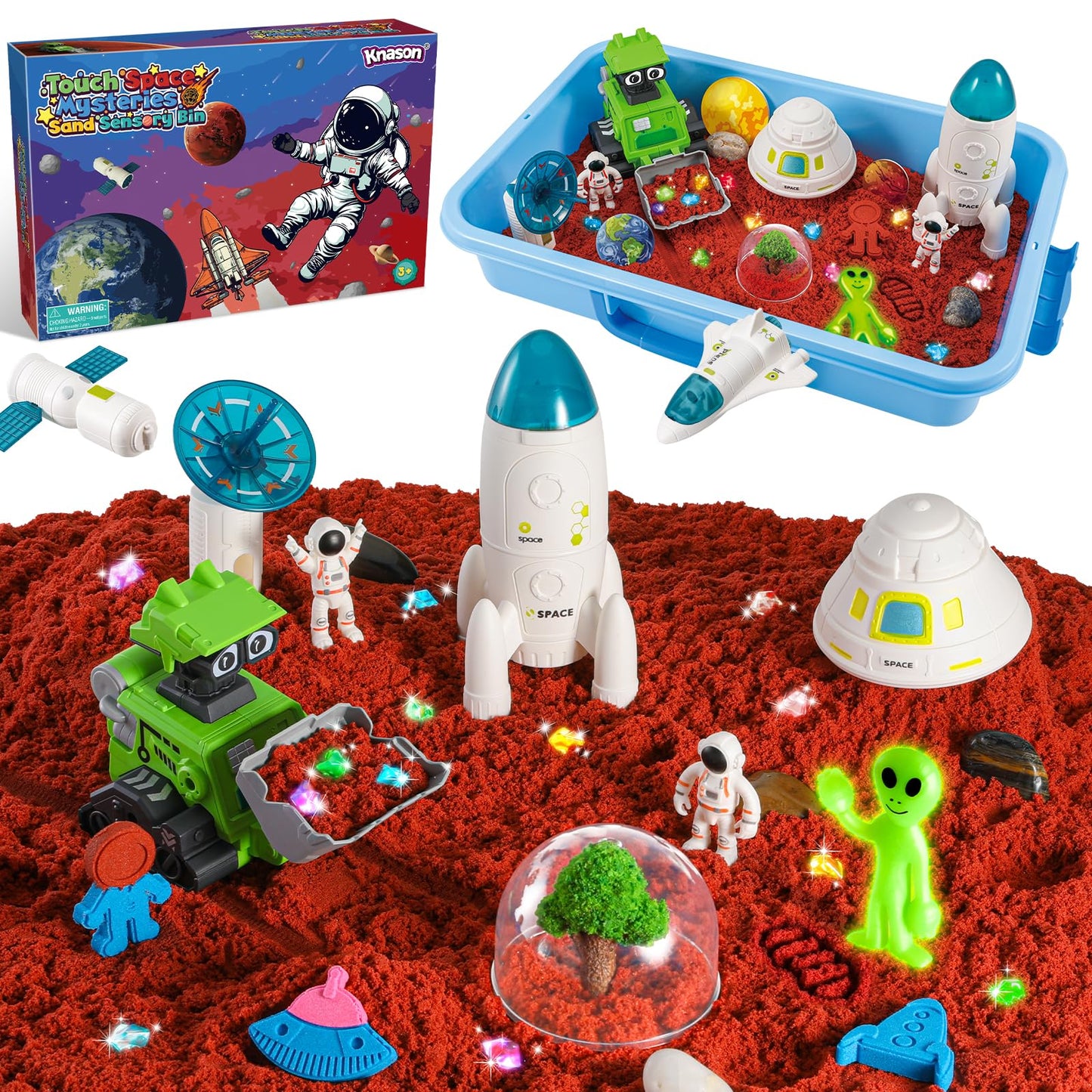 KNASON Outer Space Sensory Bin,Play Sand Kit for Boys with 2.2lbs Sand,Glow in The Dark Alien and Gems,Space Science Kits Sandbox Toys Preschool Toddler Activities Christmas Gift for Kids Ages 3-8