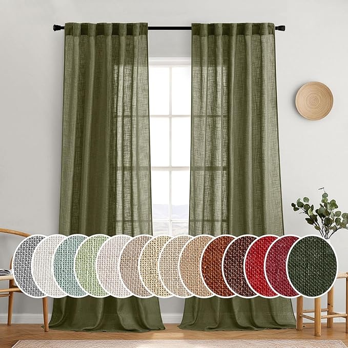 MIULEE Light Olive Green Linen Curtains 96 Inches Long 2 Panels for Bedroom Living Room, Soft Linen Textured Natural Window Drapes Semi Sheer Light Filtering Back Tab Rod Pocket Burlap Look Decor