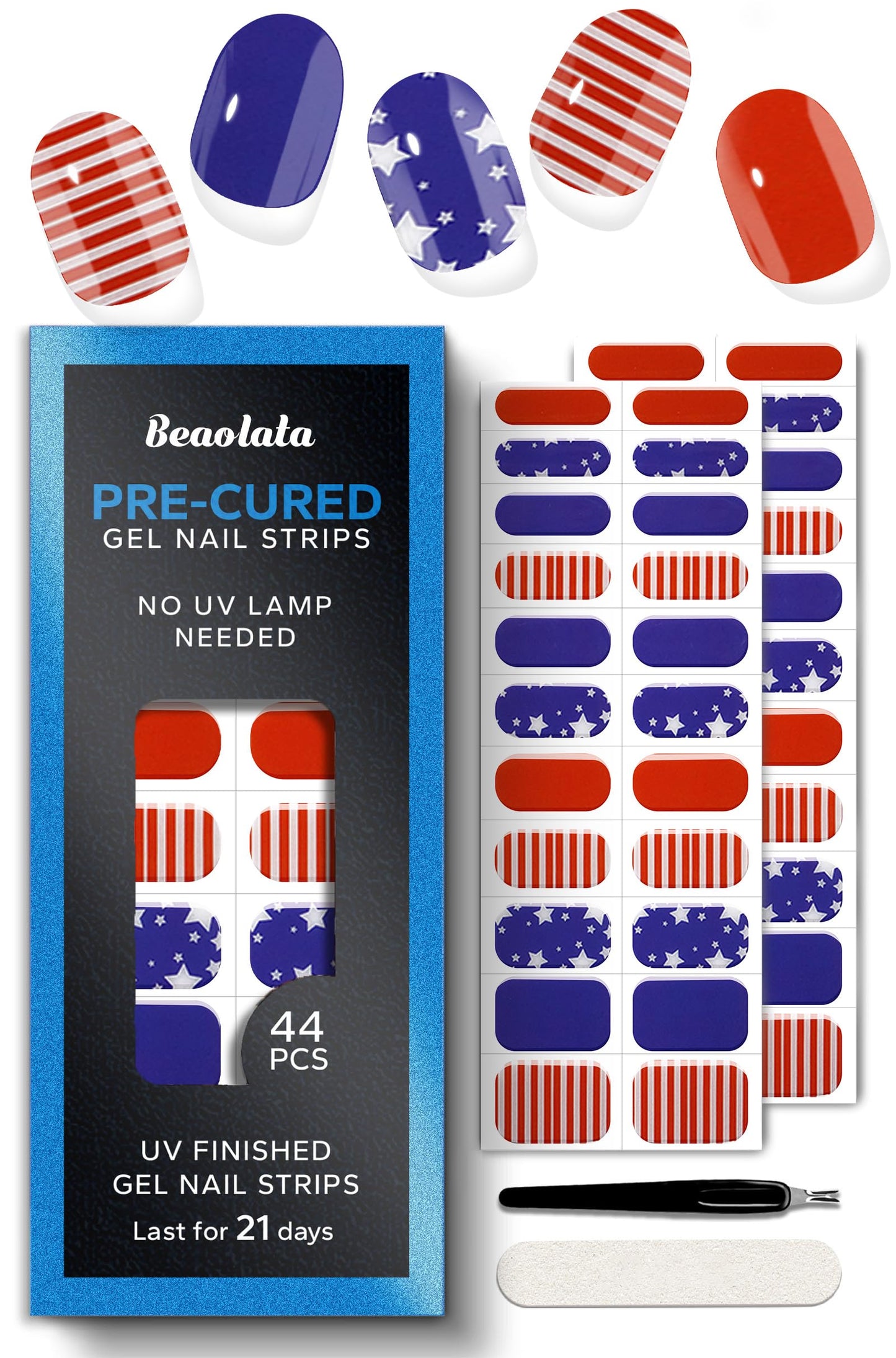 Beaolata Real Gel Nail Strips (No UV Light Needed) - 44Pcs Salon Quality Nail Stickers - Long Lasting Polish Wraps for Women, Easy Apply & Remove (Independence Day)