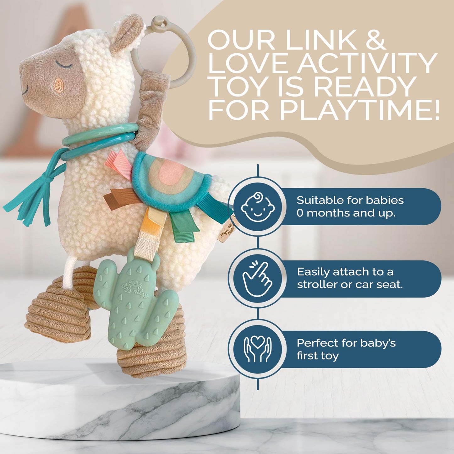 Itzy Ritzy Link & Love Toy for Stroller or Car Seat – Features Textured Ribbons, Crinkle Sounds, Clinking Rings & Silicone Teether – Designed For Ages 0 Months and Up (Llama)