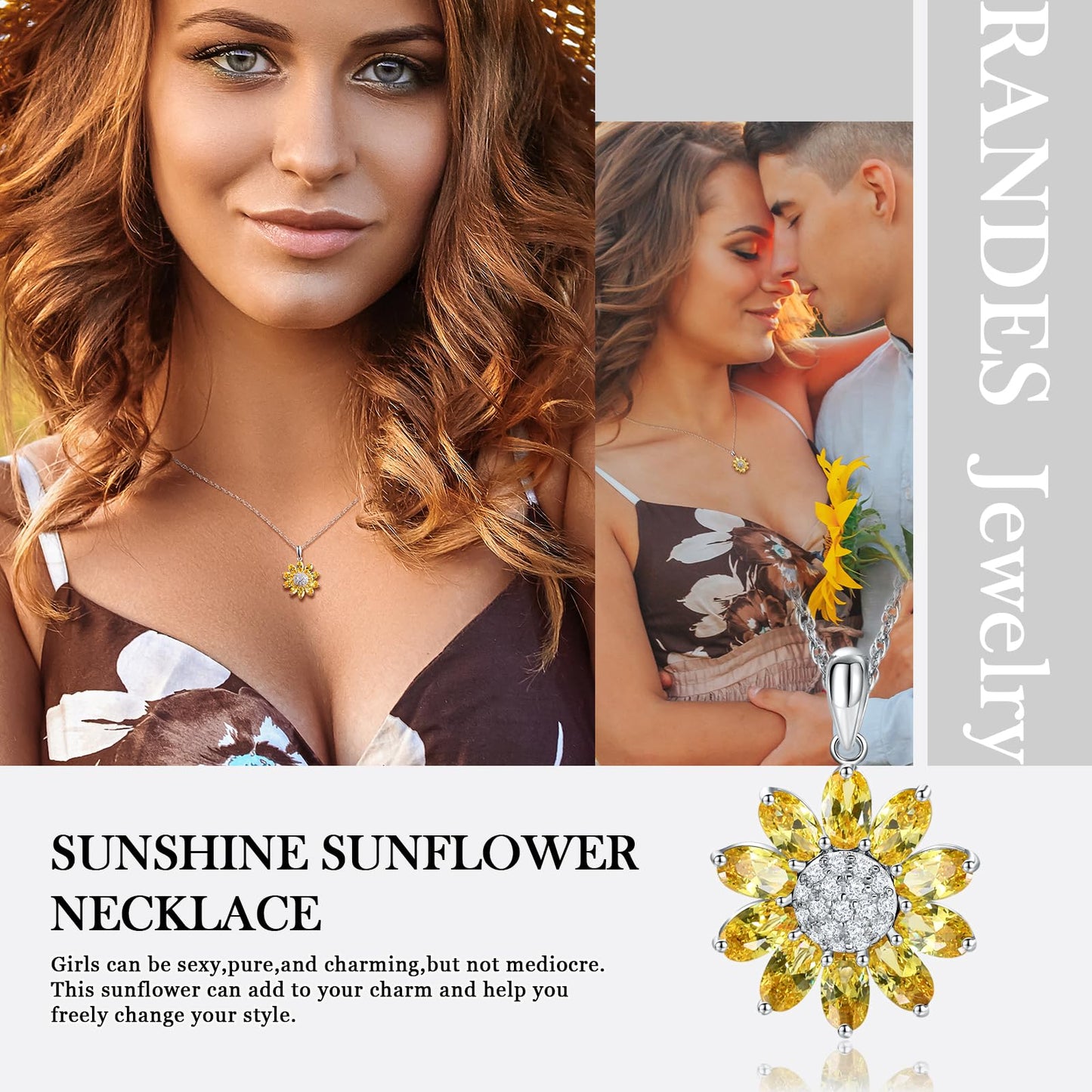 RANDES 925 Sterling Silver Sunflower Necklaces for Women Small Created Citrine Crystal Pendant Sunshine Flowers Necklace