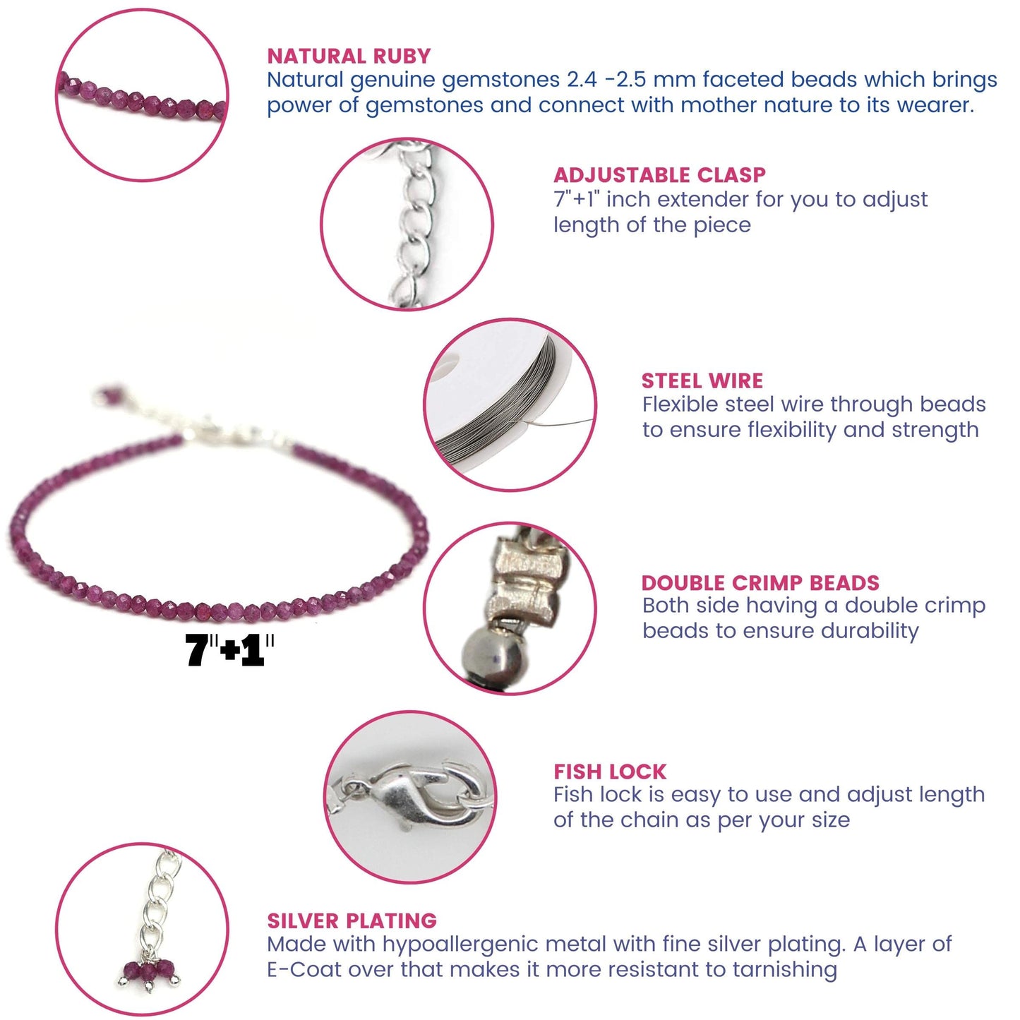 Gempires Handmade Ruby Gemstone Beaded Bracelet for Women | 2.4–2.5 mm Faceted Natural Stone | Adjustable 7+1 Inch Silver Plated Chain | Dainty Minimalist Stacking Jewelry | July Birthstone Gift
