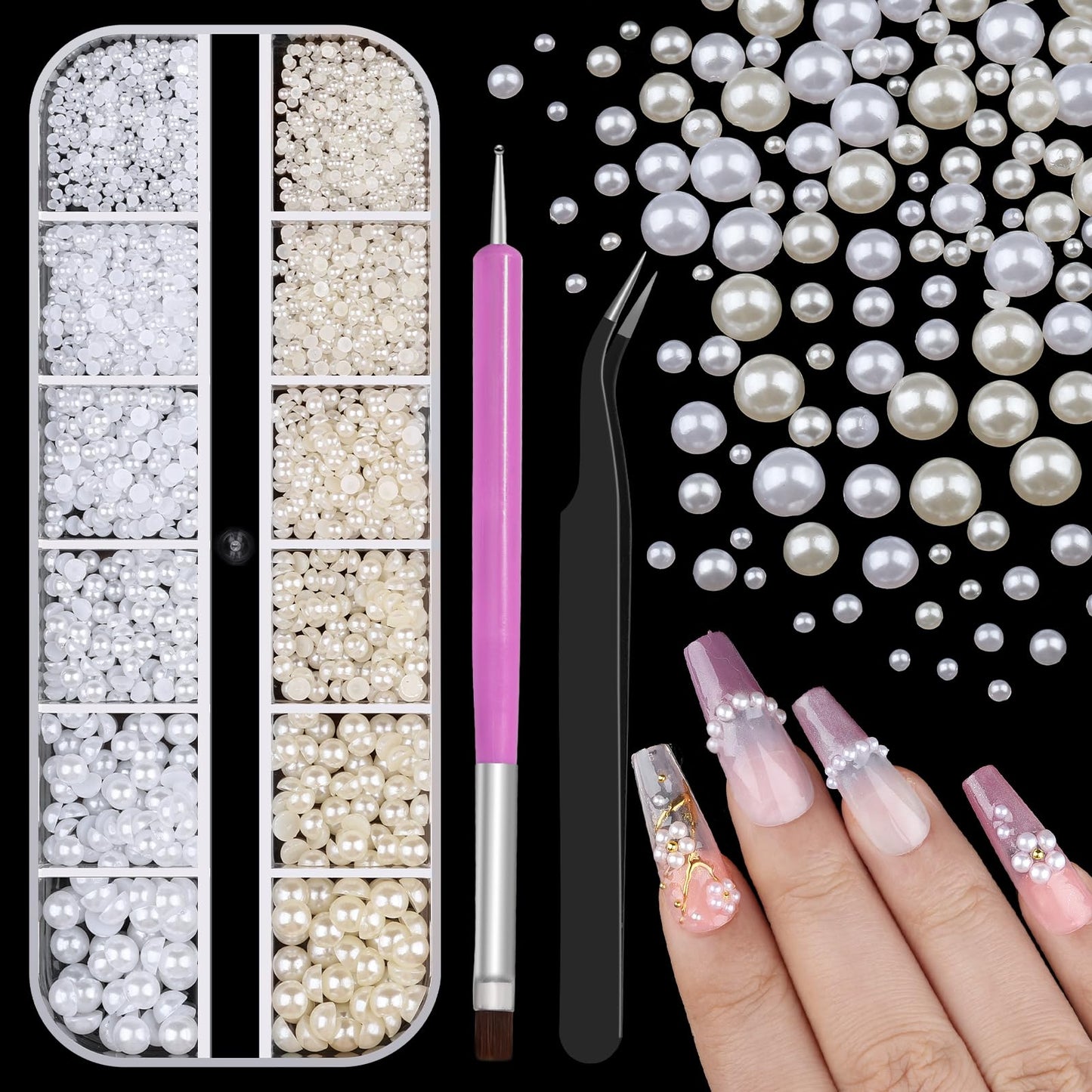 2100Pcs Flatback Nail Pearls Gems, 1.5-5mm White Beige Beads Half Round Nail Charms Beads with Pickup Pencil and Tweezers for Crafting Face Hair Manicure (11-K1-half-pearls-beige-white)