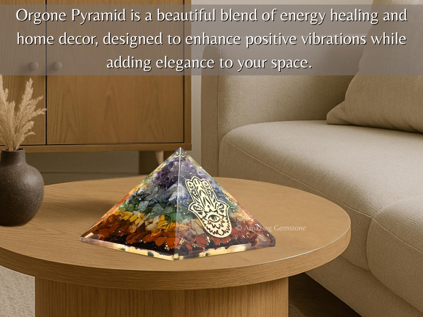 Amazing Gemstone Large Orgone Pyramid | Natural Chakra Pyramid Crystal | Hamza Hand Evil Eye Orgonite Pyramid | Organ Pyramids Positive Energy Healing