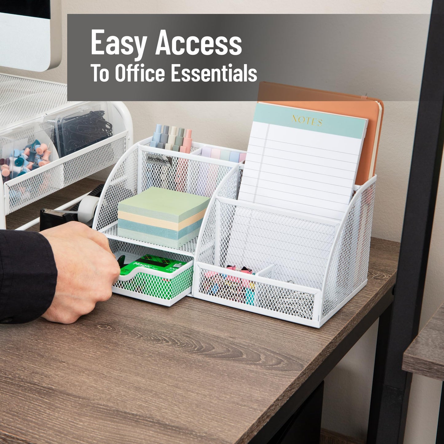 Mind Reader 7-Compartment Desktop Organizer, File & Accessory Storage, Metal Mesh Office Organizer for Desk, Workspace, Mail, White