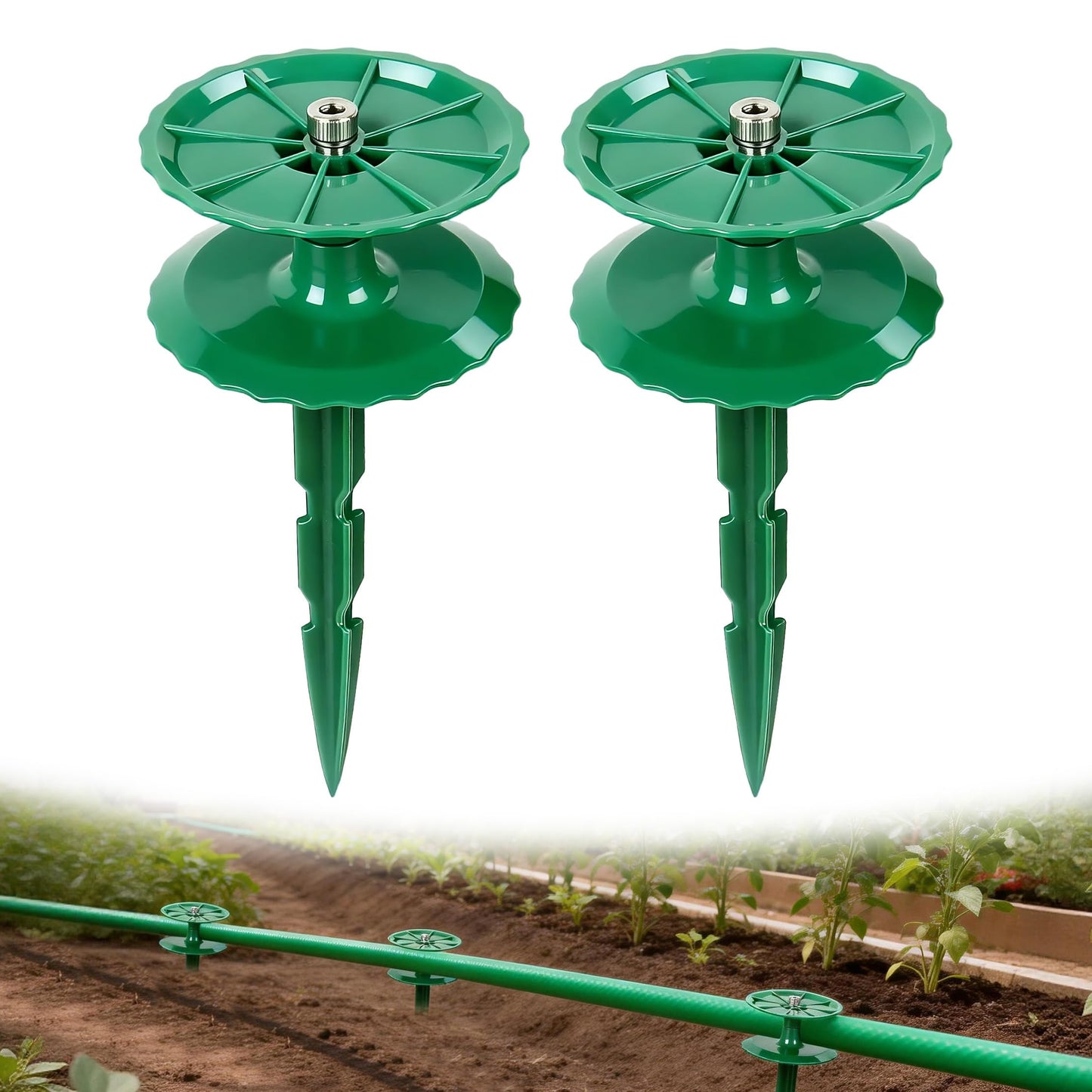 2 Pack 10 Inch Garden Hose Guide Stakes, Upgraded Reinforced Disc, Rotatable Double-Disk Sun Protection Heavy-Duty Plastic Stake, Hose Guard for Yard, Lawn & Flower Bed Landscaping (Green 2Pcs)