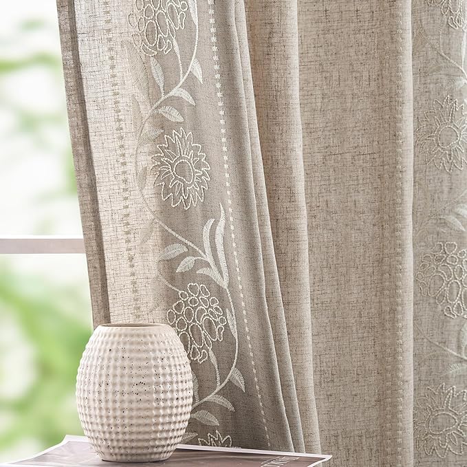 jinchan Winslow Linen Curtains for Bedroom 96 Inches Length Embroidered Bordered Floral Curtains for Living Room Farmhouse Decor Light Filtering Window Treatments Ivory on Taupe Drapes 2 Panels