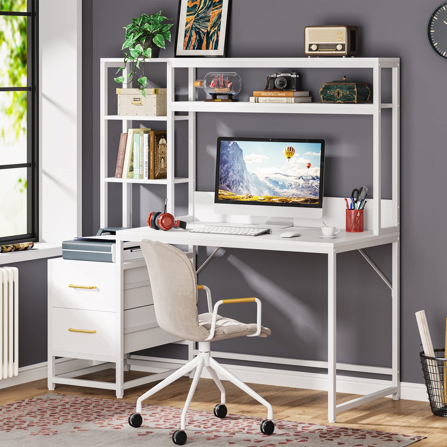 Tribesigns 55 Inch Computer Desk with 2 Drawers and Storage Shelves, Rustic Office Desk with Hutch, Study Writing Gaming Table Laptop Workstation for Home Office (White)