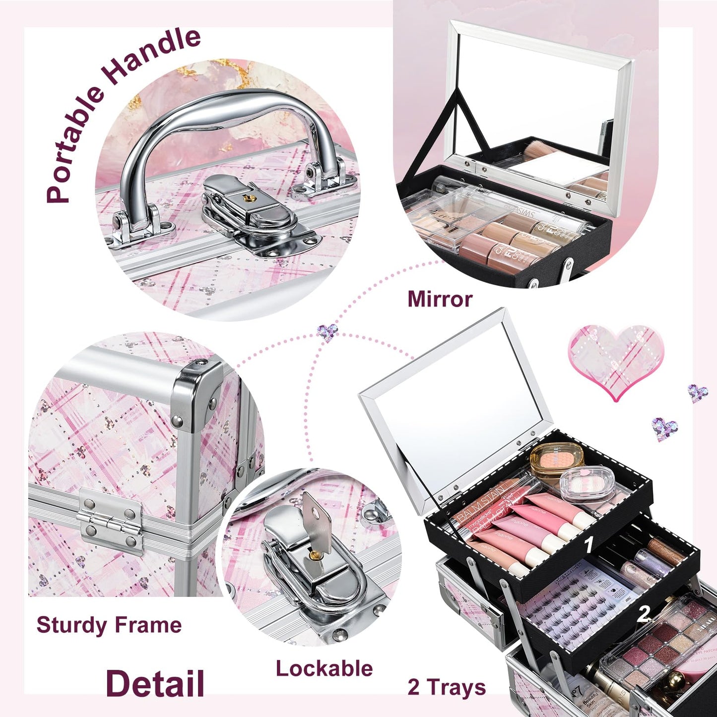 FRENESSA Makeup Train Case Portable Makeup Case Organizer Cosmetic Box Make Up Box Makeup Organizer Cases with Mirror Locking Nail Kit Organizer Travel Case Pink Plaid