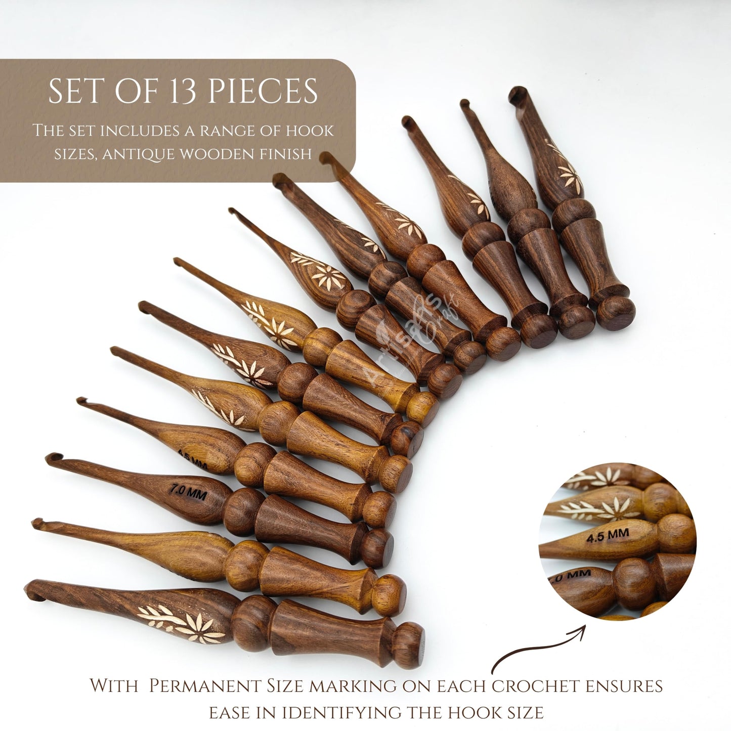 Crochet Hooks Set of 13-3.5mm to 12mm - Hand Carved Wooden Hook with Leaf Design - Ergonomic Soft Grip for Arthritic Hands - Crochet Accessories (Set of 13)