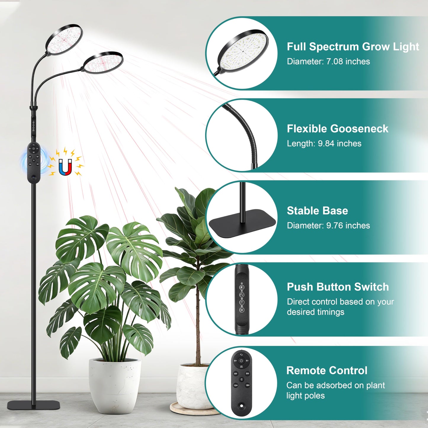 Dual Head Grow Light for Indoor Plants, Full Spectrum Floor Standing Plant Light, Remote Control & 4/8/12/18H Timer, 3 Modes 10 Dimmable Levels, Stable Base for Tall Plants Succulents Herbs, Black