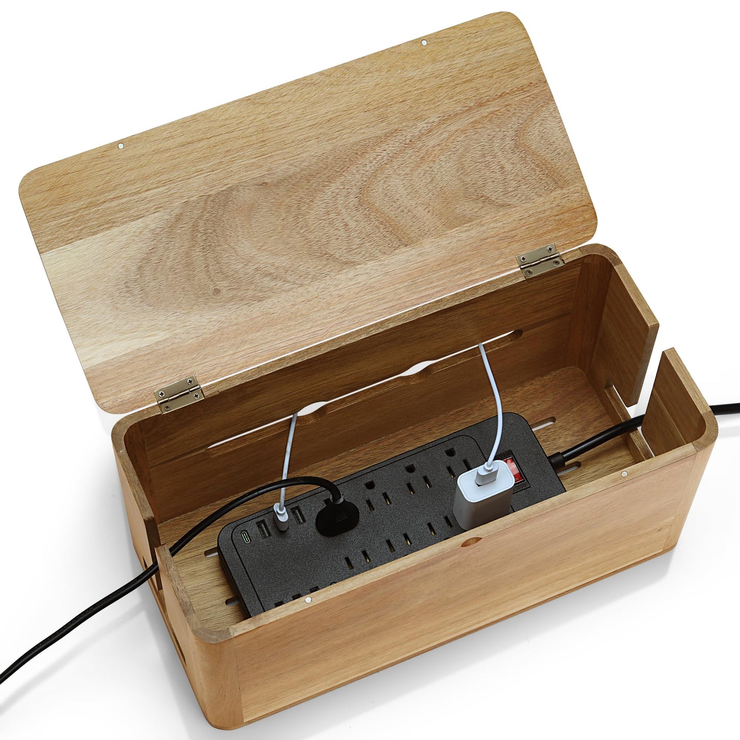 YCLYC Large Acacia Wood Style Cable Management Box, Cord Organizer Power Strip Box with Magnetic Outlet Covers, Cord Hider for Desk and Floor Cable Storage, Ventilated Design