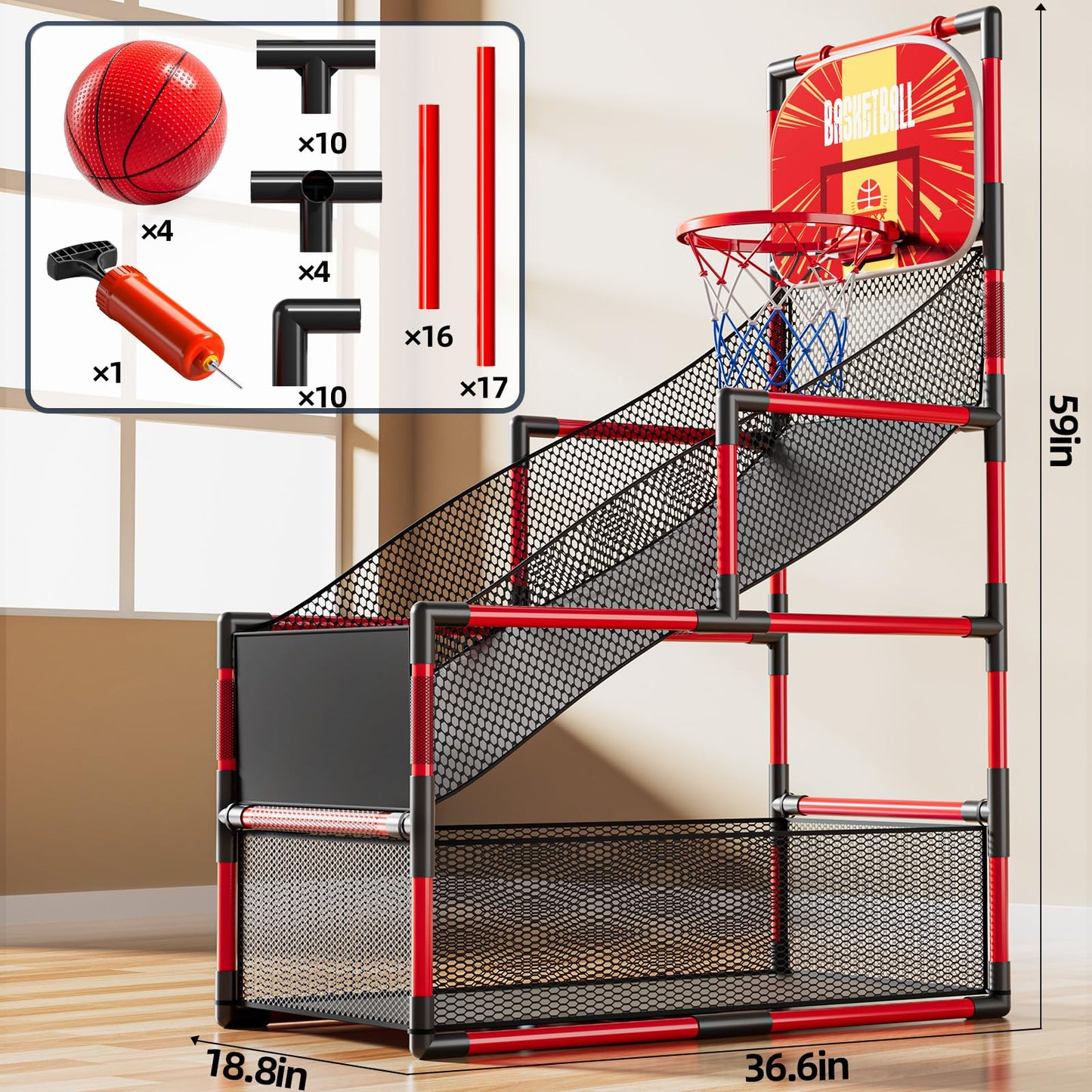 KIZONLY Arcade Basketball Game Indoor, Kids Ajustable Basketball Hoop, Outdoor Carnival Sports Play Toy with 4 Balls and Air Pump, Educational Birthday Gift for Boys Girls 3 4 5 6 7 8 Year Old (Red)