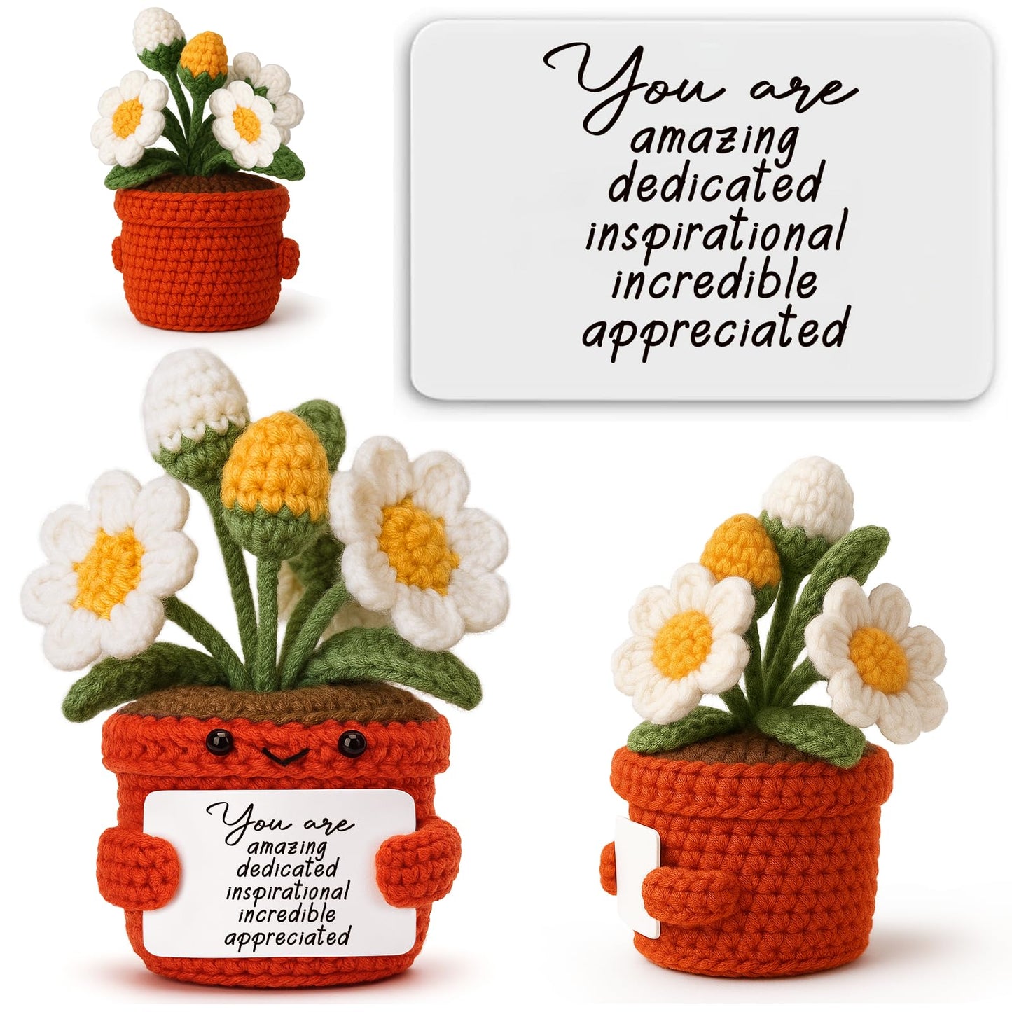Hweijm Crochet Daisy Gift, Handmade Mini Flower Desk Buddy for Teacher Appreciation, Coworker or Boss Birthday, Inspirational Thank You Present, Positive Office Desk Decor