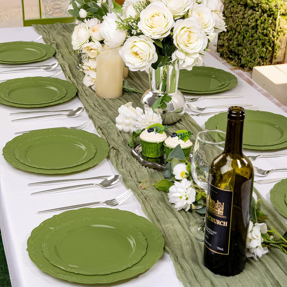 U-QE 100PCS Olive Green Plastic Plates - Plastic Green Plates Disposable Heavy Duty - Olive Disposable Plates for Party Including 50PCS 10'' Dinner & 50PCS 7.5'' Dessert