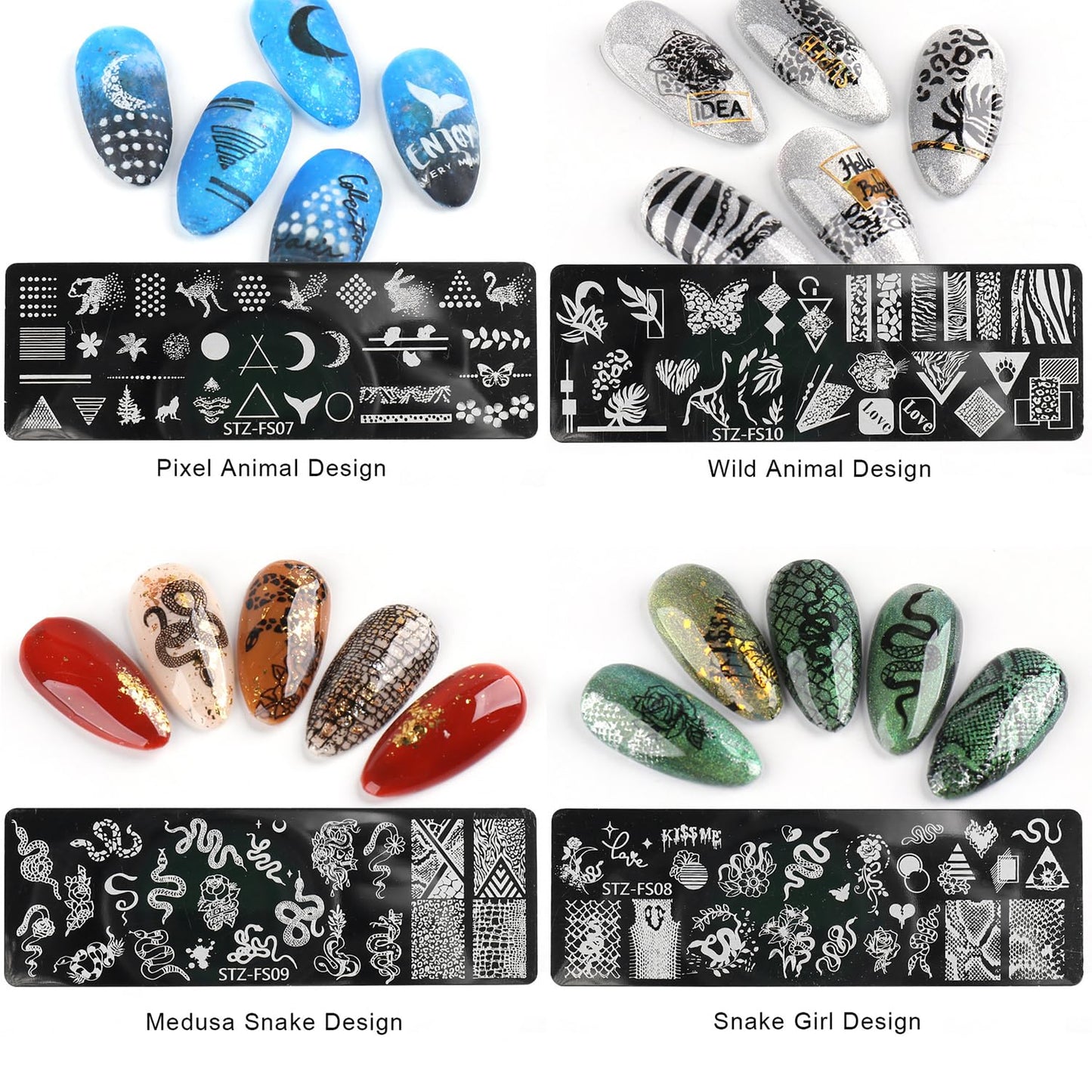 JERCLITY 8pcs Nail Stamping Plates Nail Stamping Kit Rose Fruit Animal Snake Image Plates Nail Art Design Template Print Nail Stamper Kit for Women