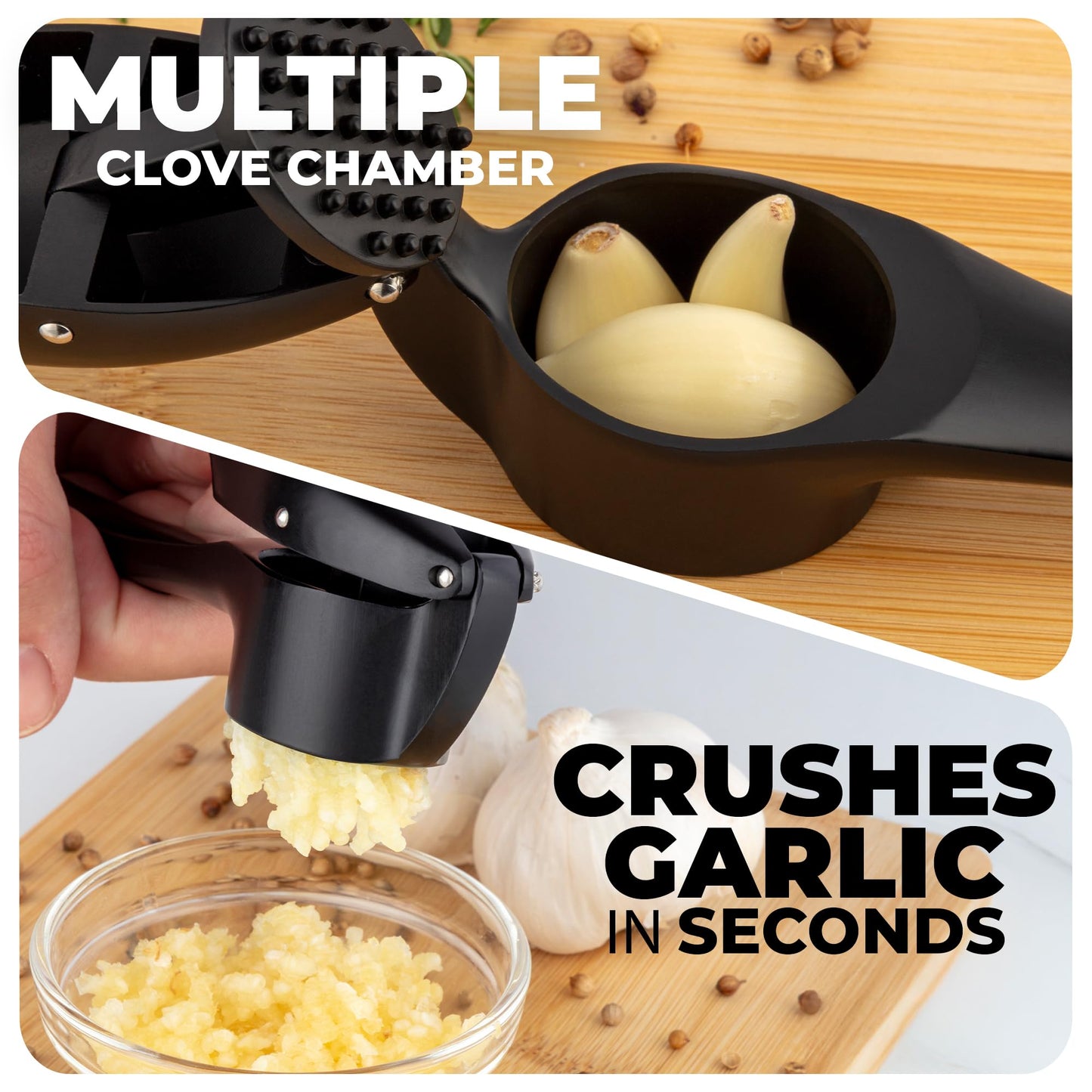 Zulay Kitchen Large Premium Garlic Press Set – Rust Proof & Dishwasher Safe, Bigger Bowl Garlic Mincer Tool with Silicone Garlic Peeler & Brush, Easy Squeeze & Clean, Ergonomic Handle - Black