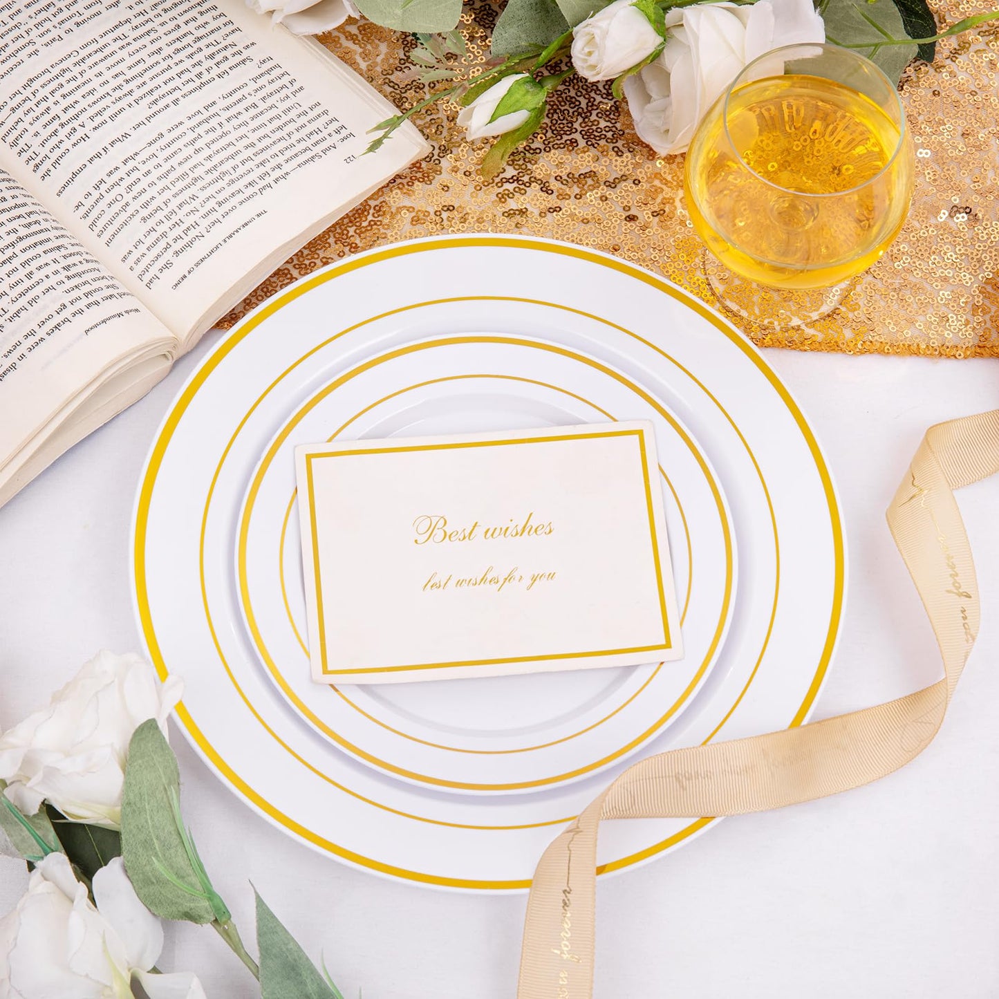 I00000 200 Pcs Gold Plastic Plates - Disposable Party Plates Include 100 Dinner Plate and 100 Elegant Dessert Plate Perfect for Party, Holiday, Wedding & Birthday
