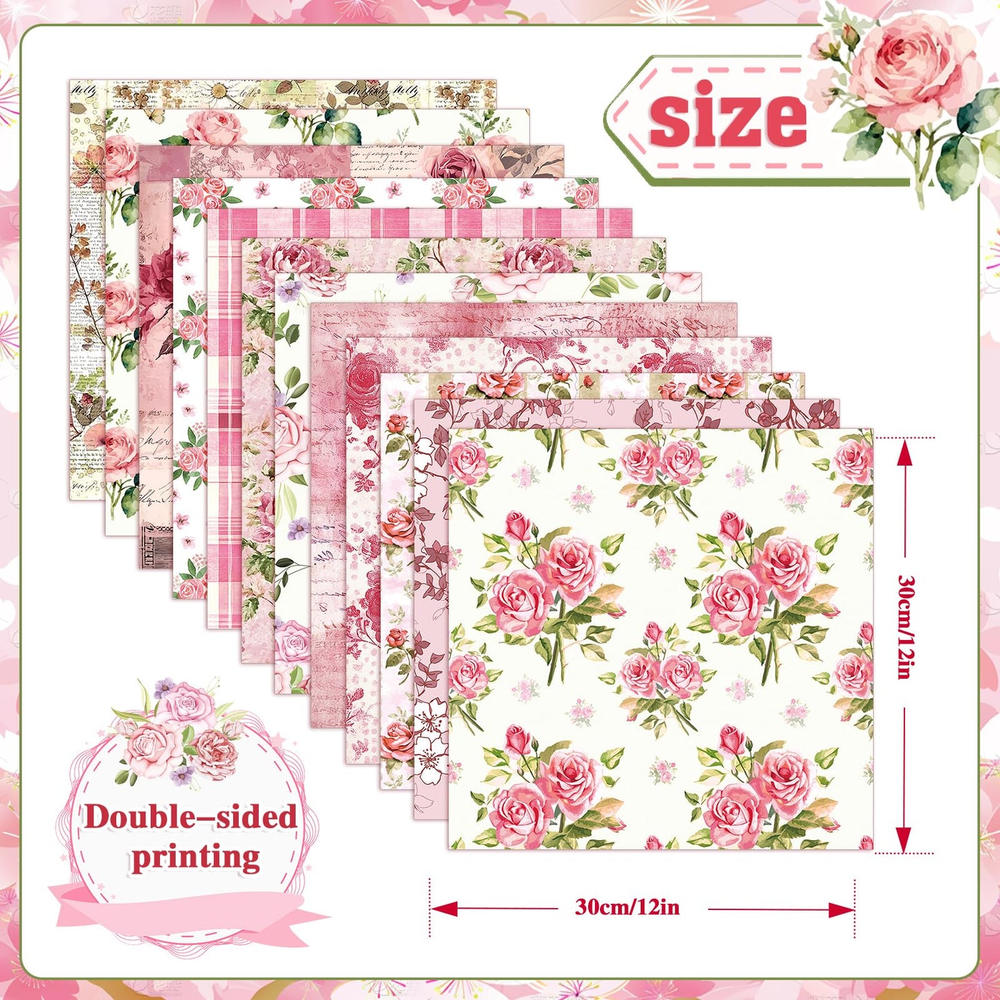 Konsait 24 Sheets Pink Flower Scrapbook Paper 12x12, Double Sided Rose Patterned Paper Floral Decorative Cardstock Pad Origami Papers for Card Making Romantic Scrapbook Supplies