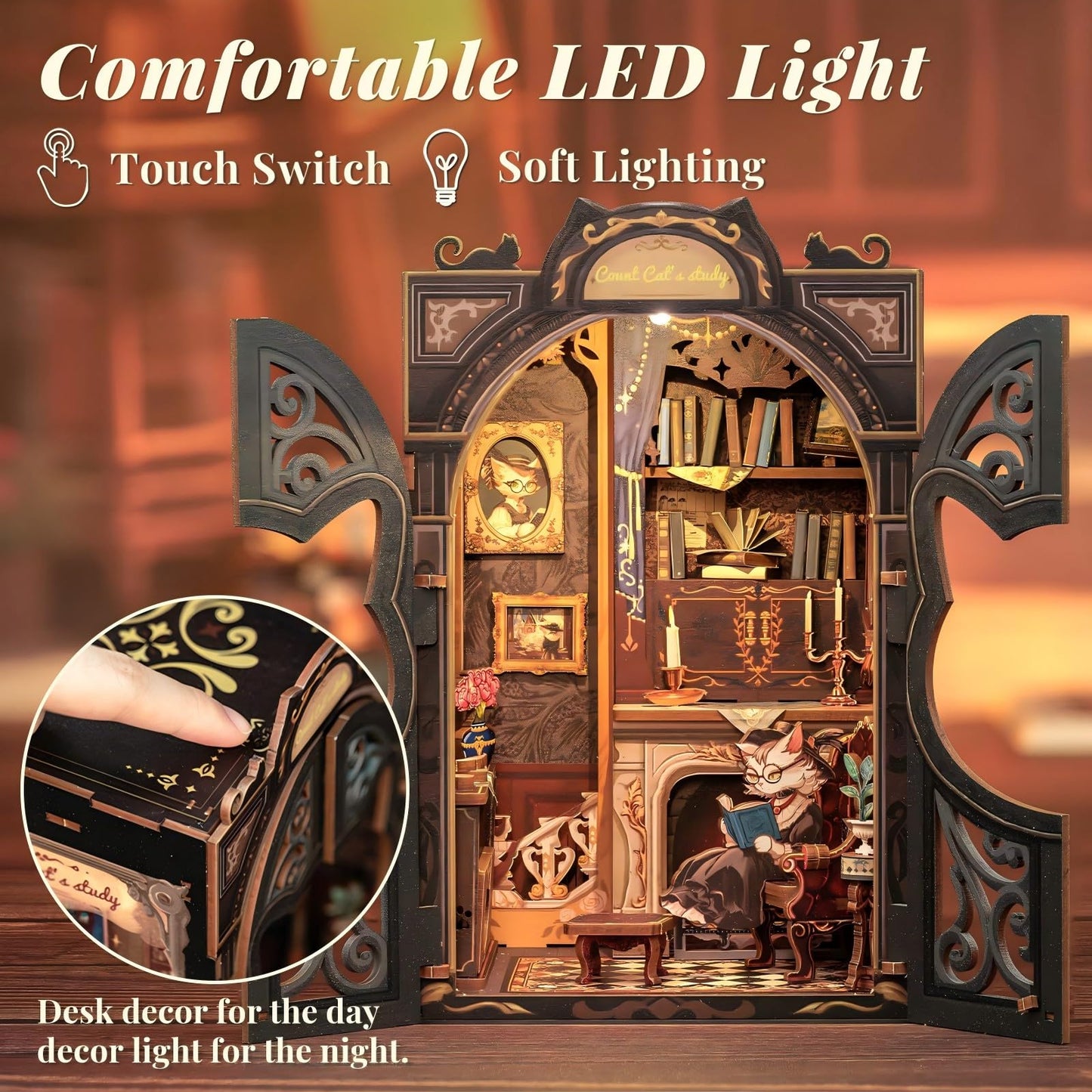 Fsolis Book Nook Kit Cat, DIY Scene Miniature Kit 3D Wooden Puzzles for Adults Booknook for Beginners Bookshelf Nook Decor Mini Building House, Gift for Women Readers Book Lovers (Count Cat's Study)