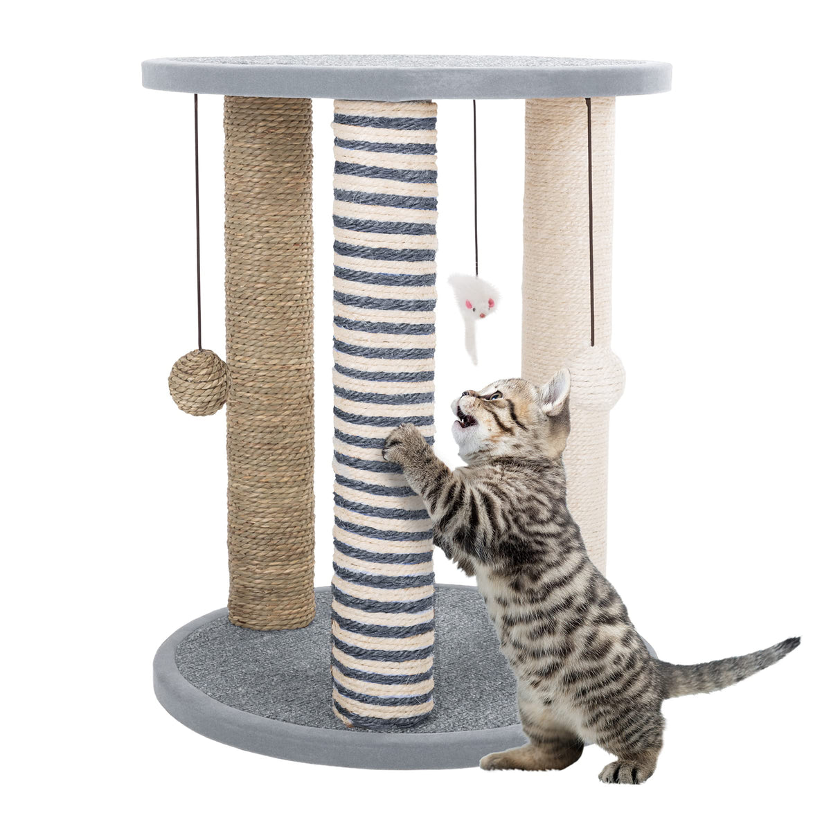 Cat Scratching Post - 3 Scratcher Posts with Carpeted Scratch Pad Base and Perch - Furniture Scratching Deterrent for Indoor Cats by PETMAKER (Gray)