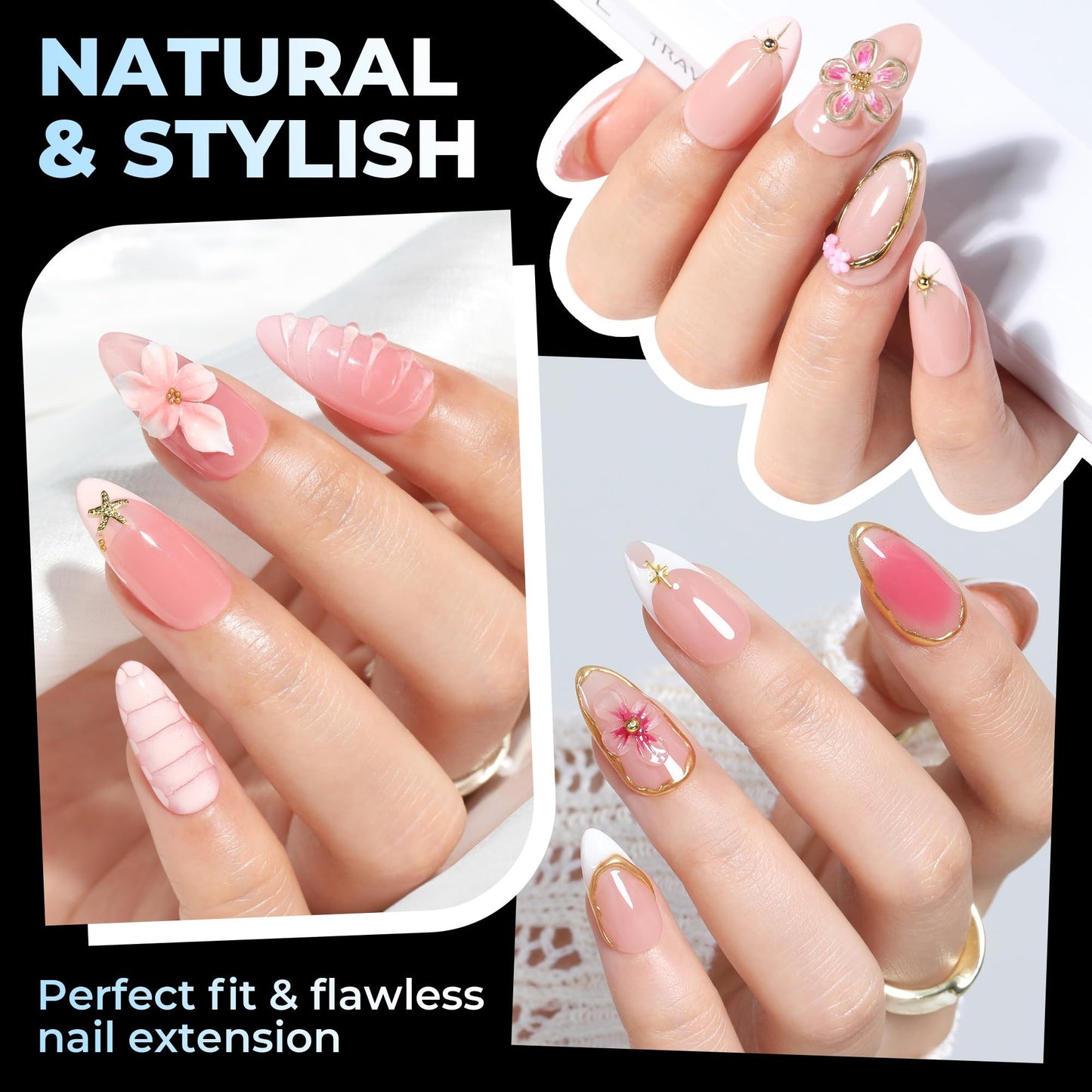 UNA GELLA Almond Nail Tips Medium 15 Sizes 300PCS Pre-Etched Gel Acrylic Nail Tips Almond Shape Easy Salon Press On Nails Long-Lasting Hold Full Cover Fake False Nails Snug Fit