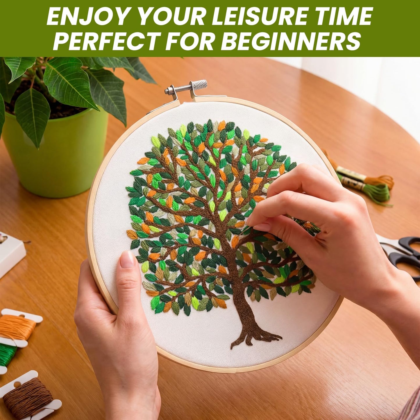Norme Leaves Embroidery Kit for Beginners Adults 365 Leaves Tree Pre Stamped Pattern Cross Stitch Kits with 7.8 Inch Embroidery Hoop, Threads, Needles, Tools and Stitch Guide for DIY Craft Gift
