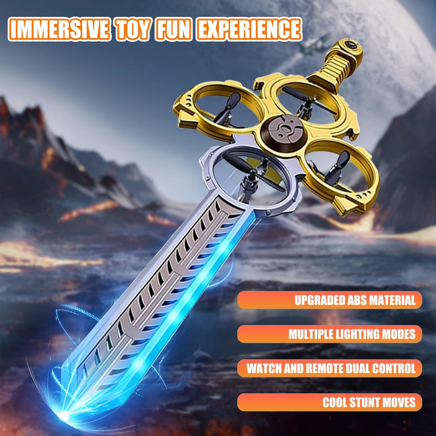 Virellia Upgraded Flying Sword RC Drone with Colorful LED Lights, ABS Metal Remote Control Airplane with Hand Gesture & Smart Watch Control, 3 Speed Modes & Stunt Drone for Kids Adults, Upgraded Gold