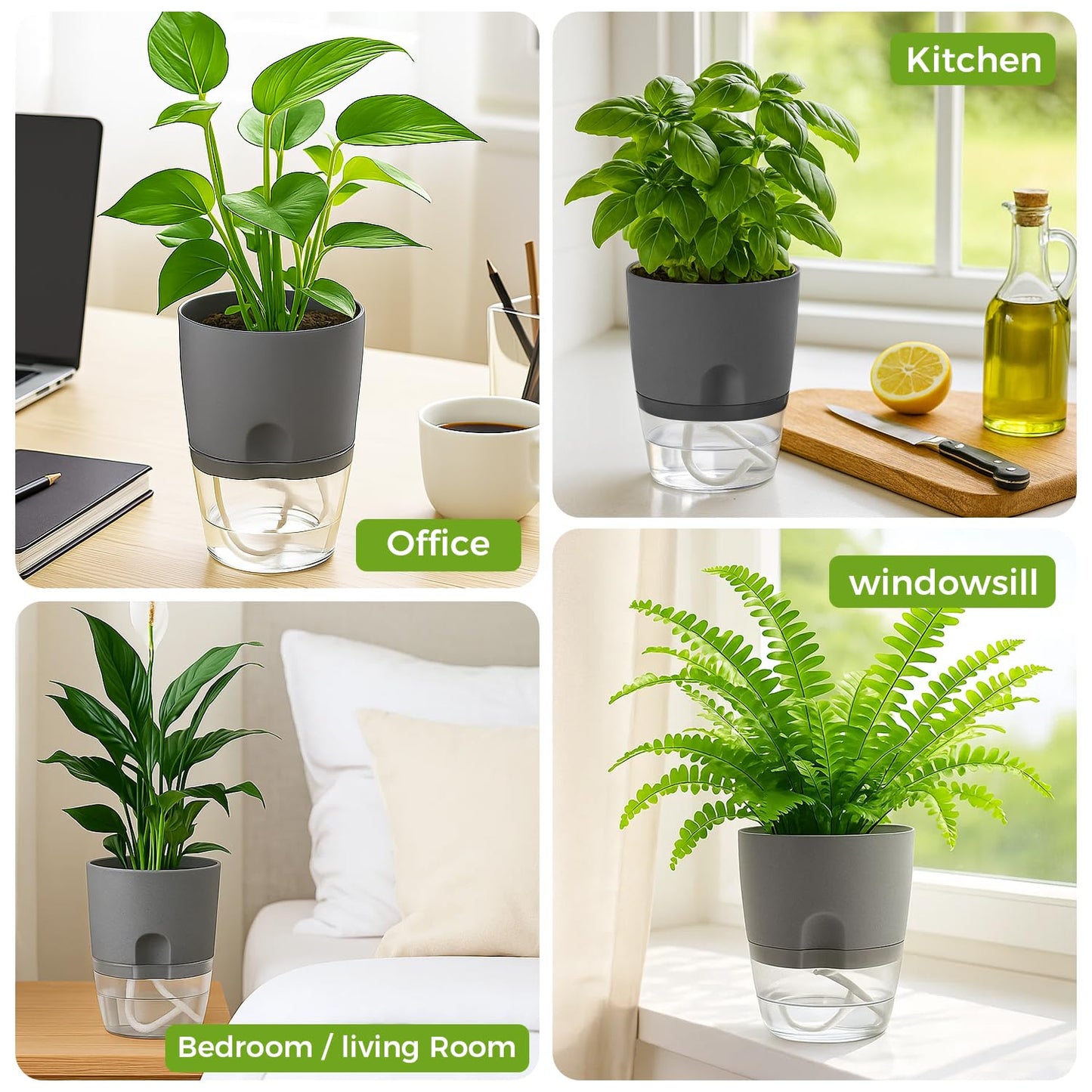 5 Pack Self Watering Pots for Indoor Plants, PlanterHoma 4 Inch Plant Pot Plastic Self Watering Planter for Orchid, African Violet, Small Clear Flower Pots with Drainage Holes and Wicking Rope, Grey