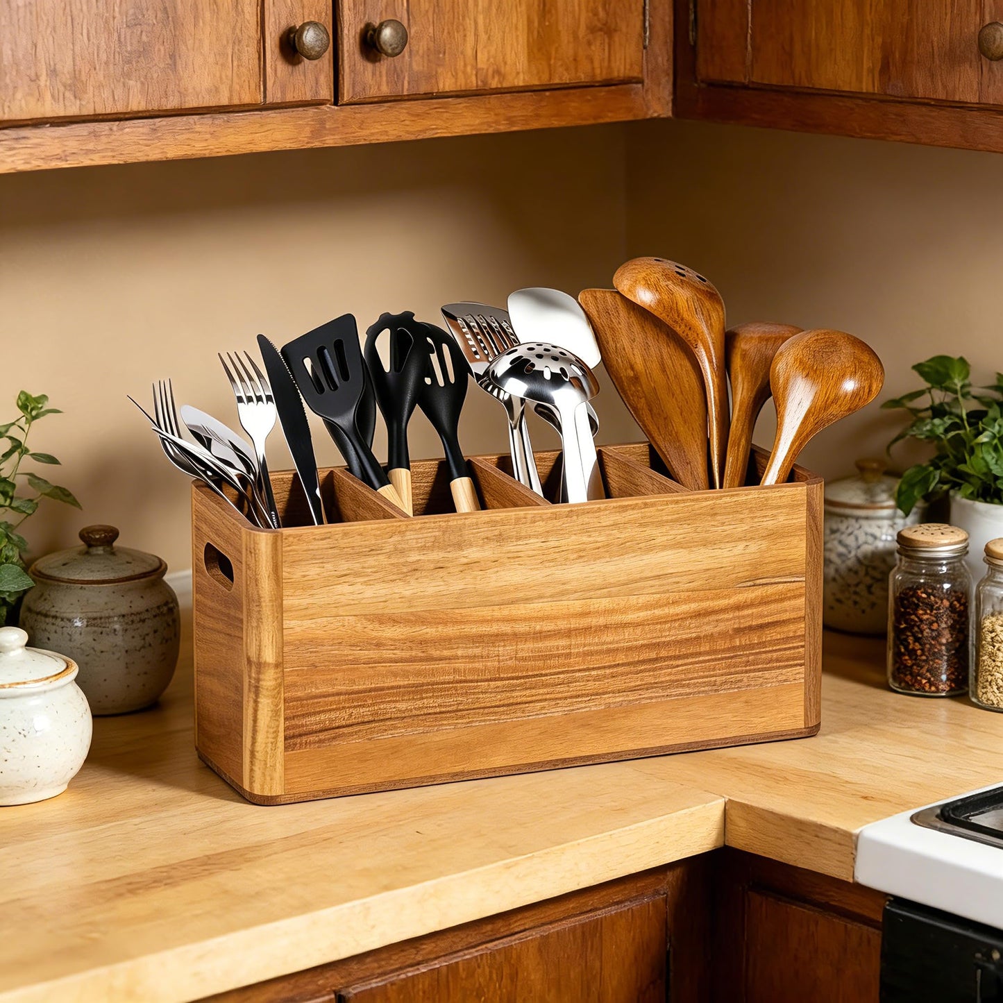 HousewoW Wooden Utensil Holder for Kitchen Counter, Cooking Utensils Holder for Countertop, Kitchen Utensils Holder for Countertop, Large Utensil Holder for Kitchen Counter (Brown, 4 Compartment)