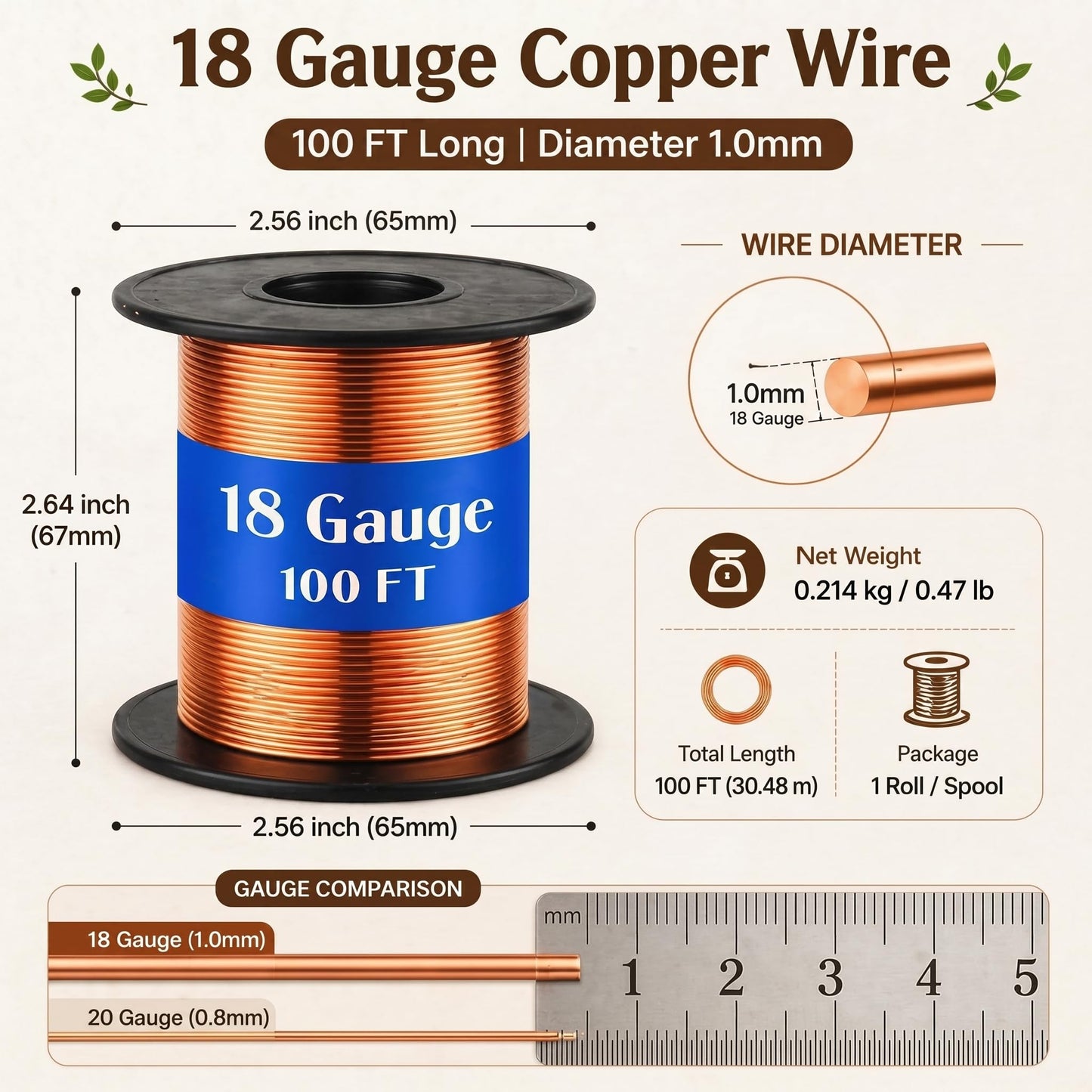 Therwen 100ft 18 Gauge Copper Wire for Gardening, Electroculture, Bonsai, Jewelry Making Beading DIY Craft Pure Bare Copper Wire Spool