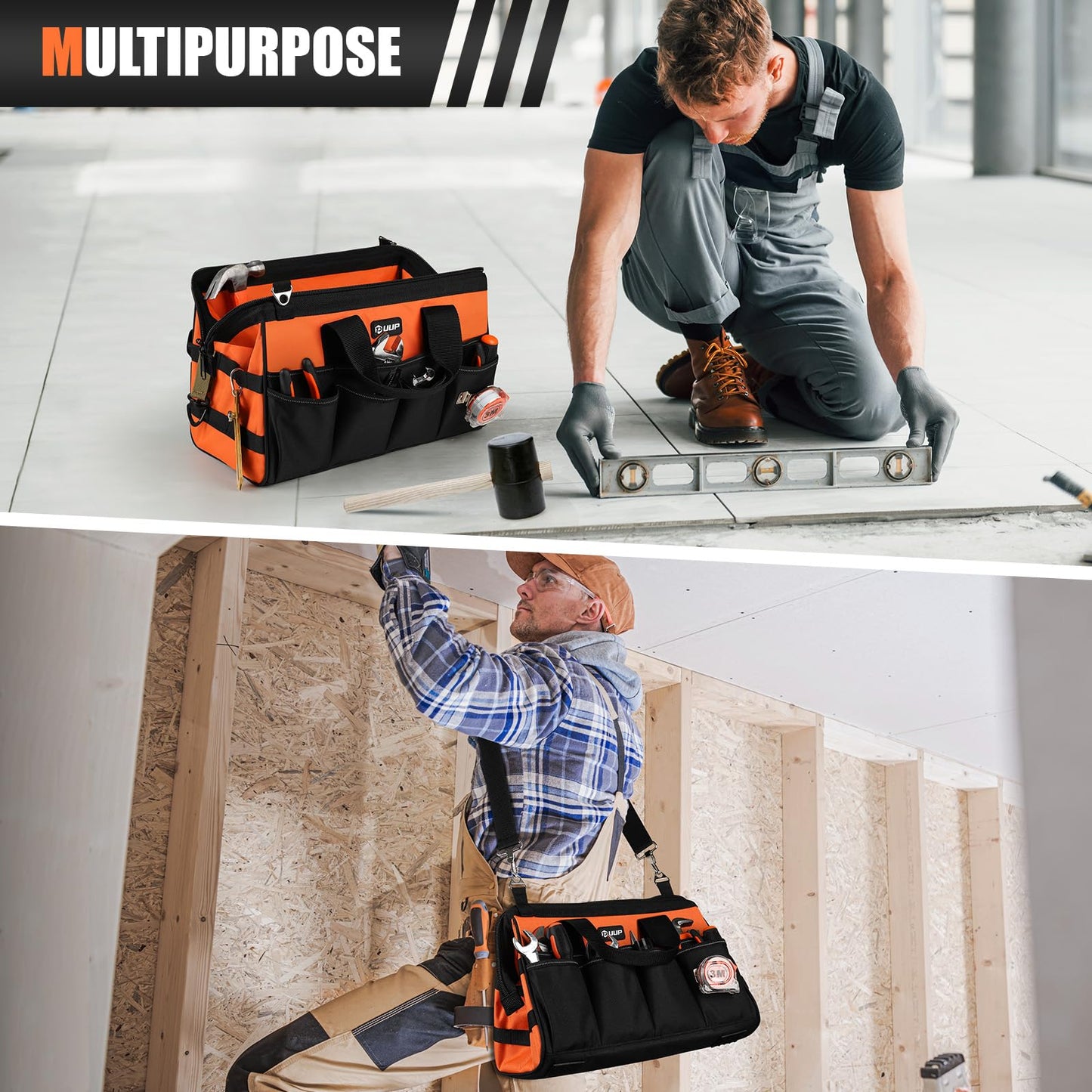 UUP Heavy Duty Tool Bag 15-Inch, 16-Pocket Portable Soft Tool Box Organizer Storage, Handle Tactical Carry Tote Empty Toolbox with Large Zipper, Father Day Dad Men Gift for Mechanic Engineer, Orange