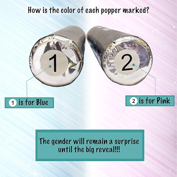 Gender Reveal Confetti and Powder Popper for Themed Baby Boy or Girl Gender Reveal Party and Celebration (Staches Or Lashes, What Will You Be?) Set of 2 Poppers. (Pink Confetti & Powder, Set of 2)