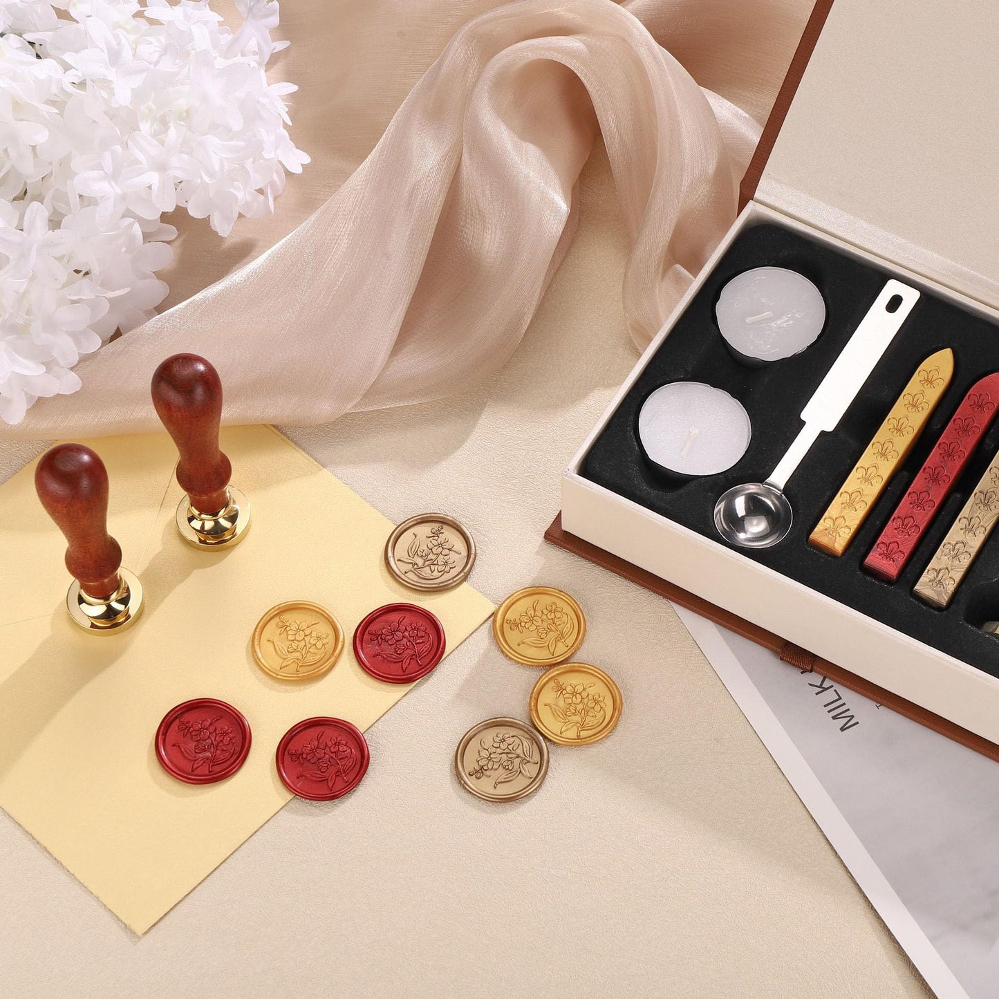 Yoption Orchid Flowers Wax Seal Stamp Kit with Sealing Wax Sticks and Gift Box for Wedding, Party Invitations, Christmas, Envelopes