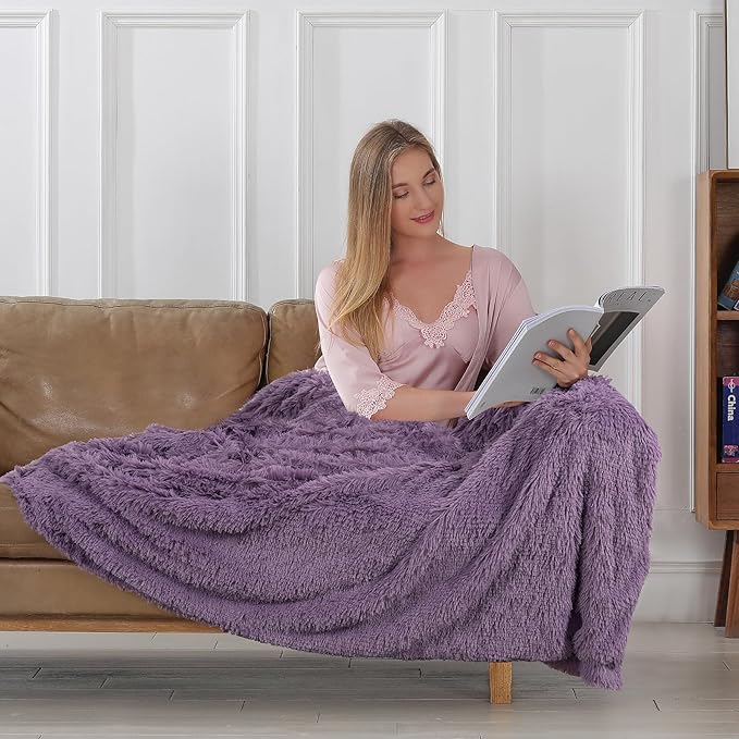 Tuddrom Decorative Extra Soft Faux Fur Blanket Queen Size 80"x90",Solid Reversible Fuzzy Fluffy Plush Fleece Comfy Microfiber Fur Blanket for Couch Sofa Bed,Patrican Purple