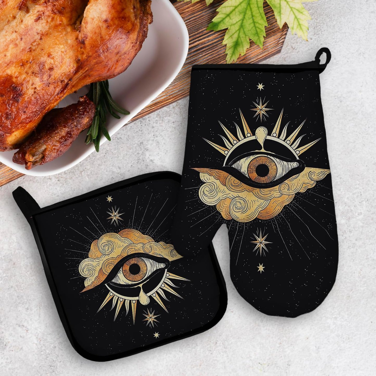 Mingnei Tarot Evil Eye Halloween Oven Mitts and Pot Holders Set, Heat Resistant Potholder Kitchen Decor for Cooking Baking BBQ Grilling, Goth Tarot Oven Glove Set, Gothic Witchy Gifts