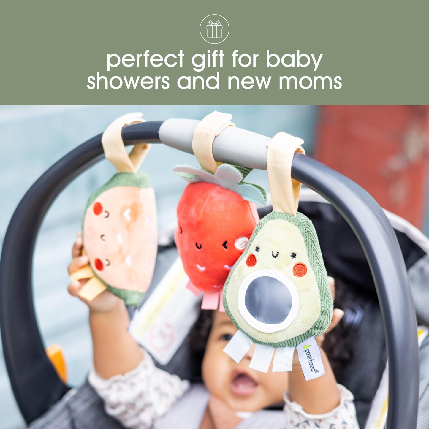 Pearhead Fruit Stroller Toys, Stocking Stuffers for Babies, Newborn Ideas, Plush Interactive Toy Set for Baby Car Seat with Hanging Mirror, Strawberry Avocado Watermelon, Set of 3