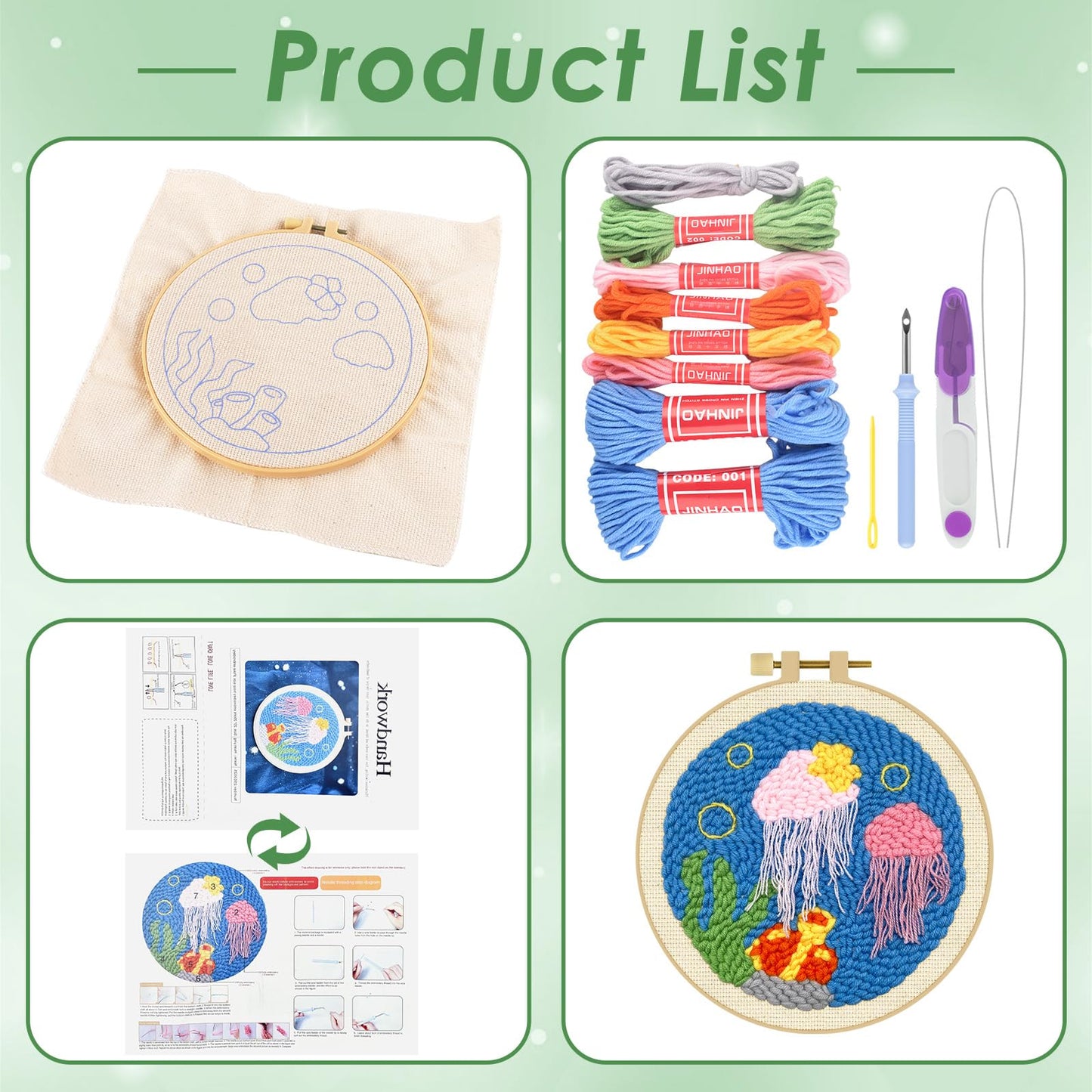 ERKOON Punch Needle Kit Adults Beginners, DIY Easy Ocean Embroidery Set for Starter Art Craft, Needling Punch Project with Patterns, Tools, Yarns, Hoop, Instruction (Jellyfish)
