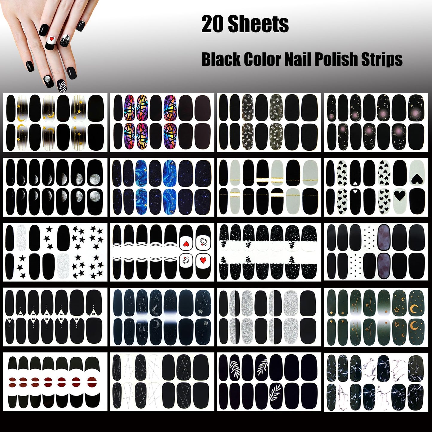 JERCLITY 20 Sheets Black White Series Nail Polish Strips Black White Star Moon Heart Leaves Marbled Pattern Gel Nail Strips Black Nail Stickers Full Wraps for Women