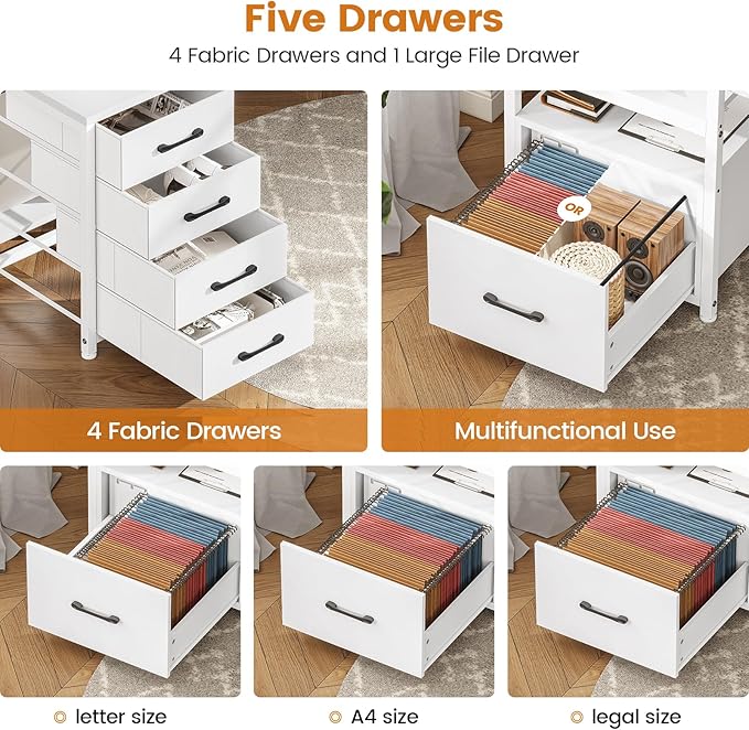 SEDETA White Computer Desk with 5 Drawer & Power Outlet, 75'' Home Office Desk with File Drawer, Storage Shelves, Printer Cabinet and Monitor Shelf, Gaming Desk with Led Lights, 23.6" W Desktop