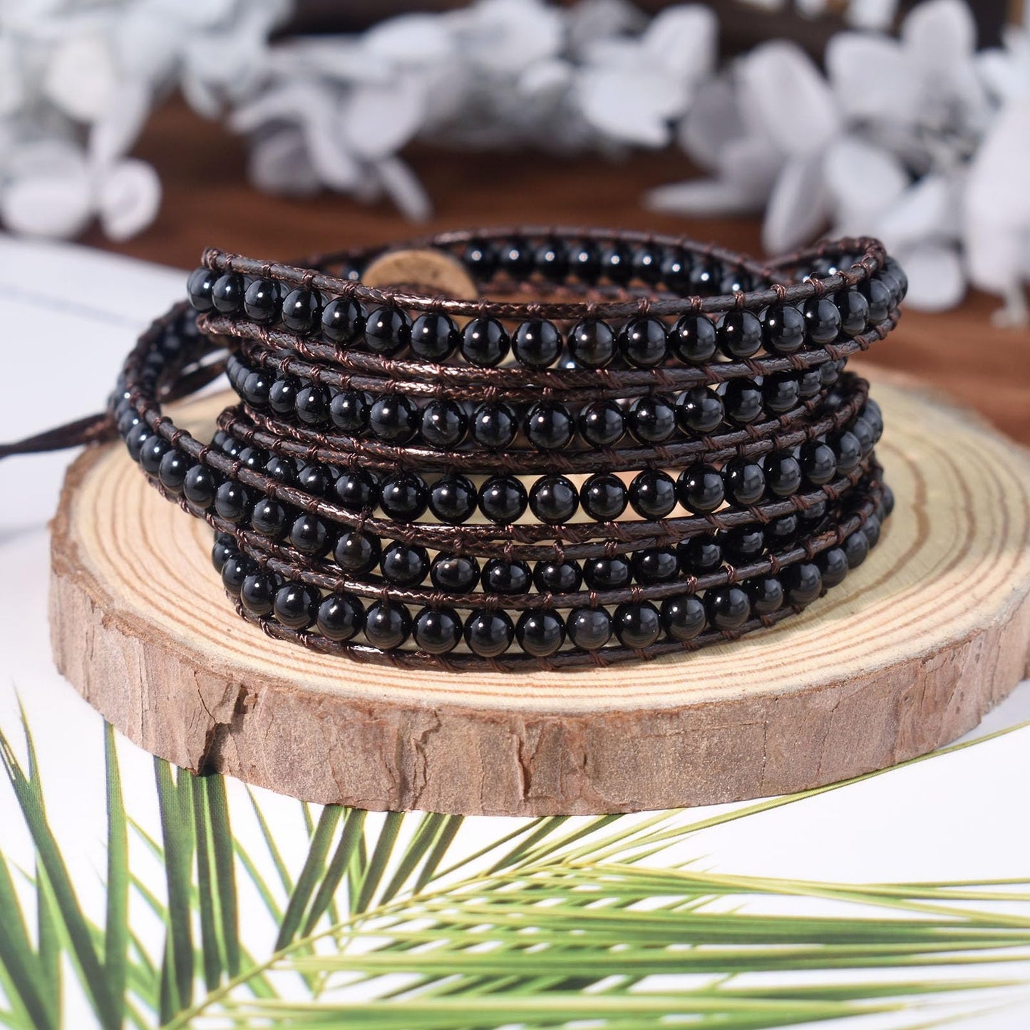 Ayriwoyi Black Onyx Bracelet Beaded Wrap Bracelets for Women Men Natural Stone Agate Bracelet Leather Wrap Adjustable Boho Bracelets