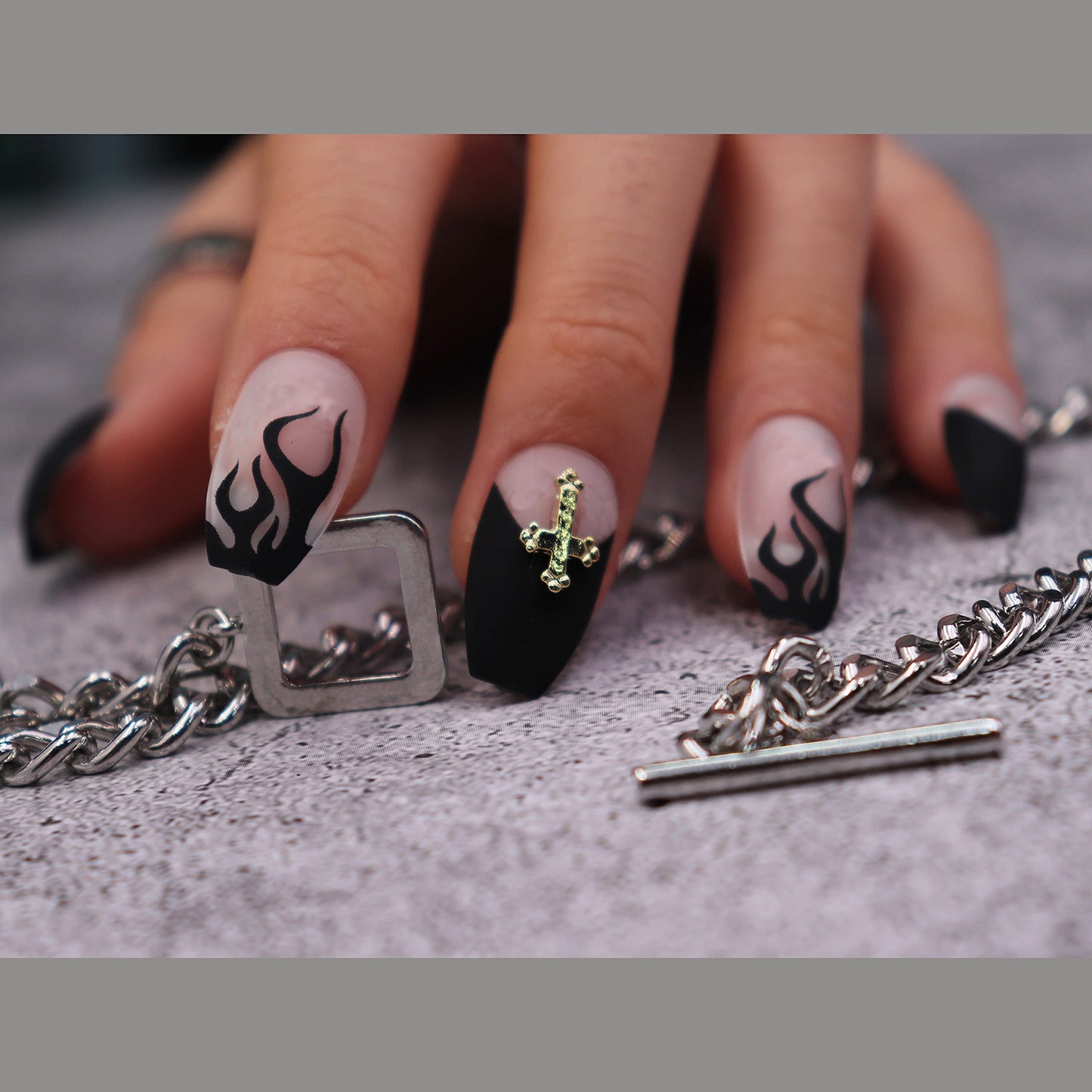 MISUD Press on Nails - Medium Coffin Glue on Nails with Goth Black Flame, Acrylic Gothic Cross Design 24 pcs