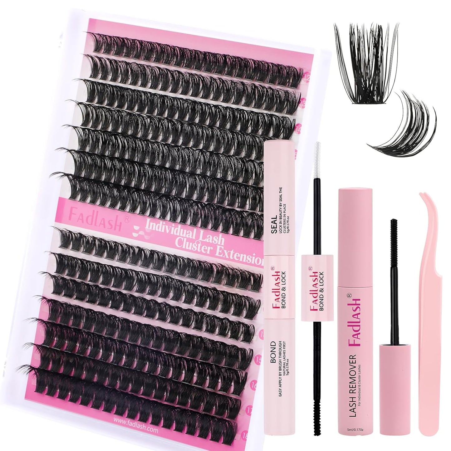 FADLASH Lash Extension DIY Kit Lash Clusters D Curl Cluster Lashes with Lash Bond and Seal Cluster Lashes Glue Remover Lash Tweezers for DIY Eyelash Extension at Home（Kit 60D+80D-0.07D-12-18MIX）