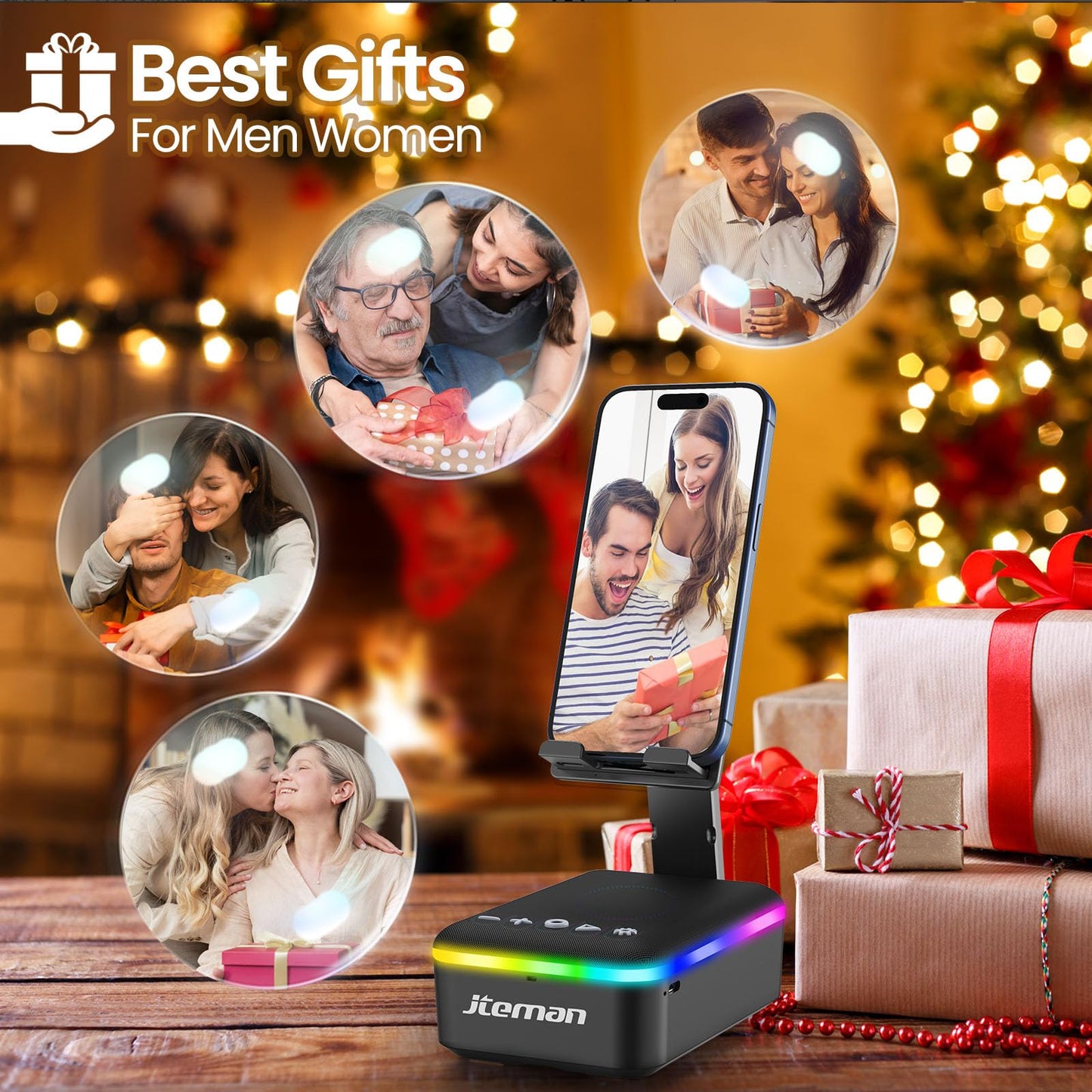 JTEMAN Gifts for Men Women,Cell Phone Stand with Bluetooth Speaker,LED Light,and Lanyard,Cool Tech Gadgets,Unique Birthday Gifts for Men Husband Mom Dad