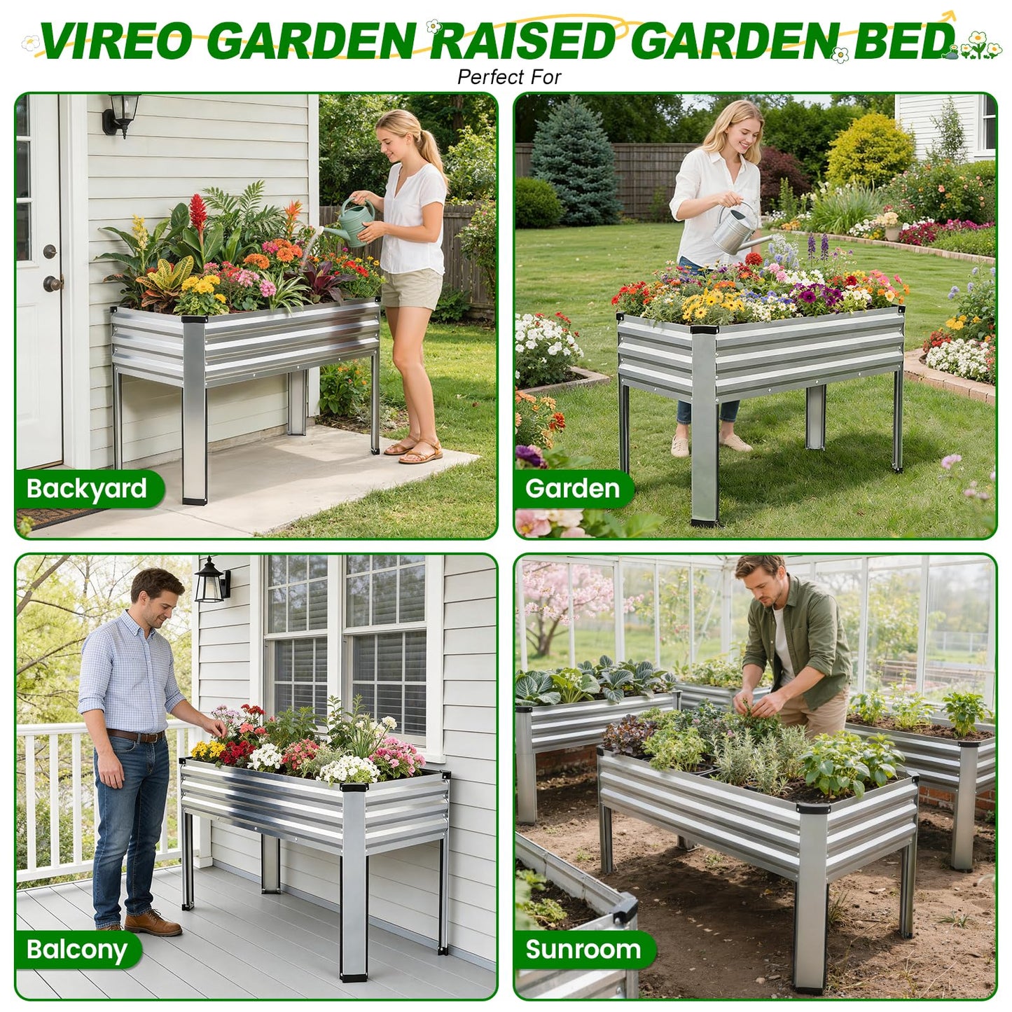 Galvanized Raised Garden Bed with Legs, 48x24x32in Elevated Raised Garden Bed Outdoor with Drainage Holes, Planter Boxes for Gardening Vegetable Flower Fruit in Backyard, Patio, Balcony (Silver)