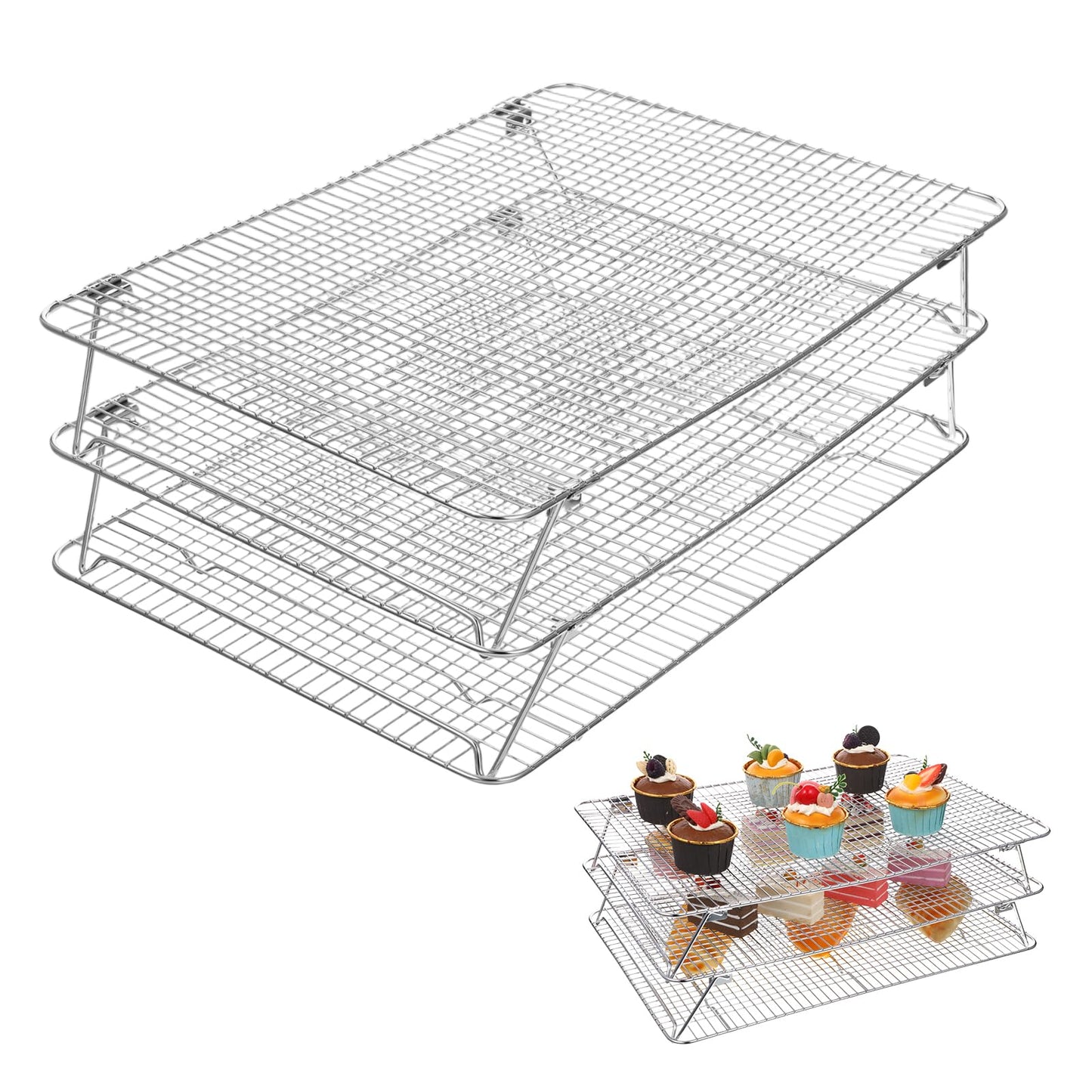 Stainless Steel Stackable Cooling Rack for Baking, 3-Tier Cooling Rack Set, Stackable Heavy Duty Stainless Steel Wire Racks, for Baking Cooking Grilling, Oven & Dishwasher Safe, 12”x 16.5”, Silver