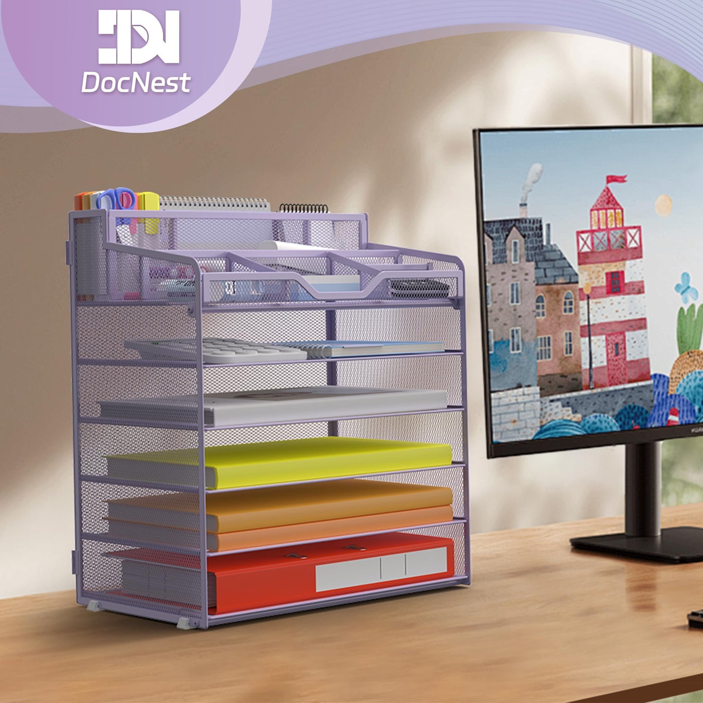Docnest 6 Tier Mesh Desk Organizer for Paper Office Supplies – Multi-Functional Letter Tray with 5 Adjustable Compartments, 5 Pen Holders, Desktop Storage for Files, Mail, Stationery – Purple